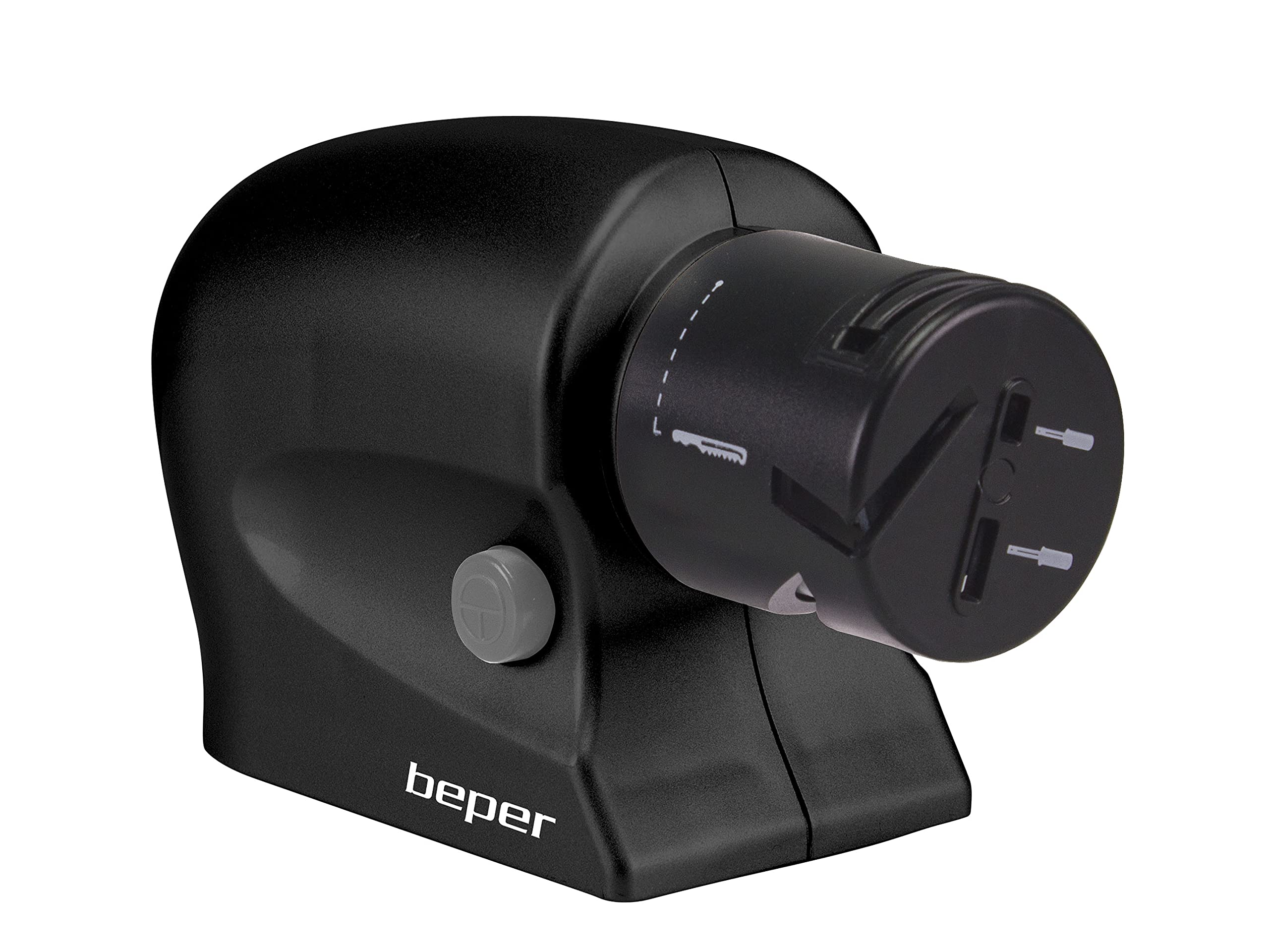 BEPER P102ACP001 Affilacoltelli elettrico Forbici, Cacciaviti, Lama Liscia, Seghettata, Pietra allumina,10W, Motore Performante, Base Antiscivolo, Avvolgicavo, Tasto ON/OFF, Nero