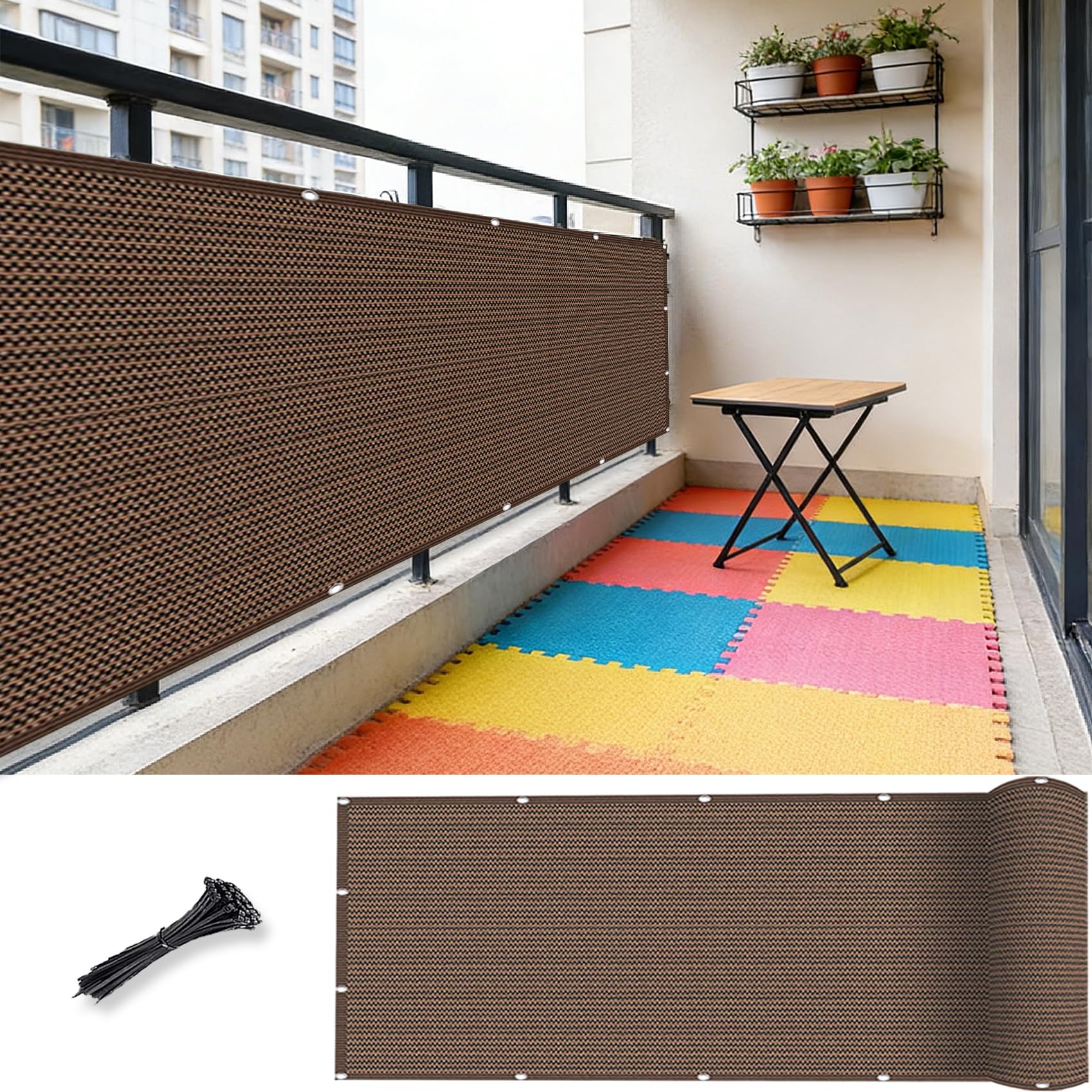 Osłona Balkonowa 115 x 430 cm Przezroczysty, Lekki, Wiatroszczelny I UV Ochrona, Ekrany Ochronne Prywatności, Zasłona Na Balkon Z Oczkami I Linką Do Podwórka, brązowy