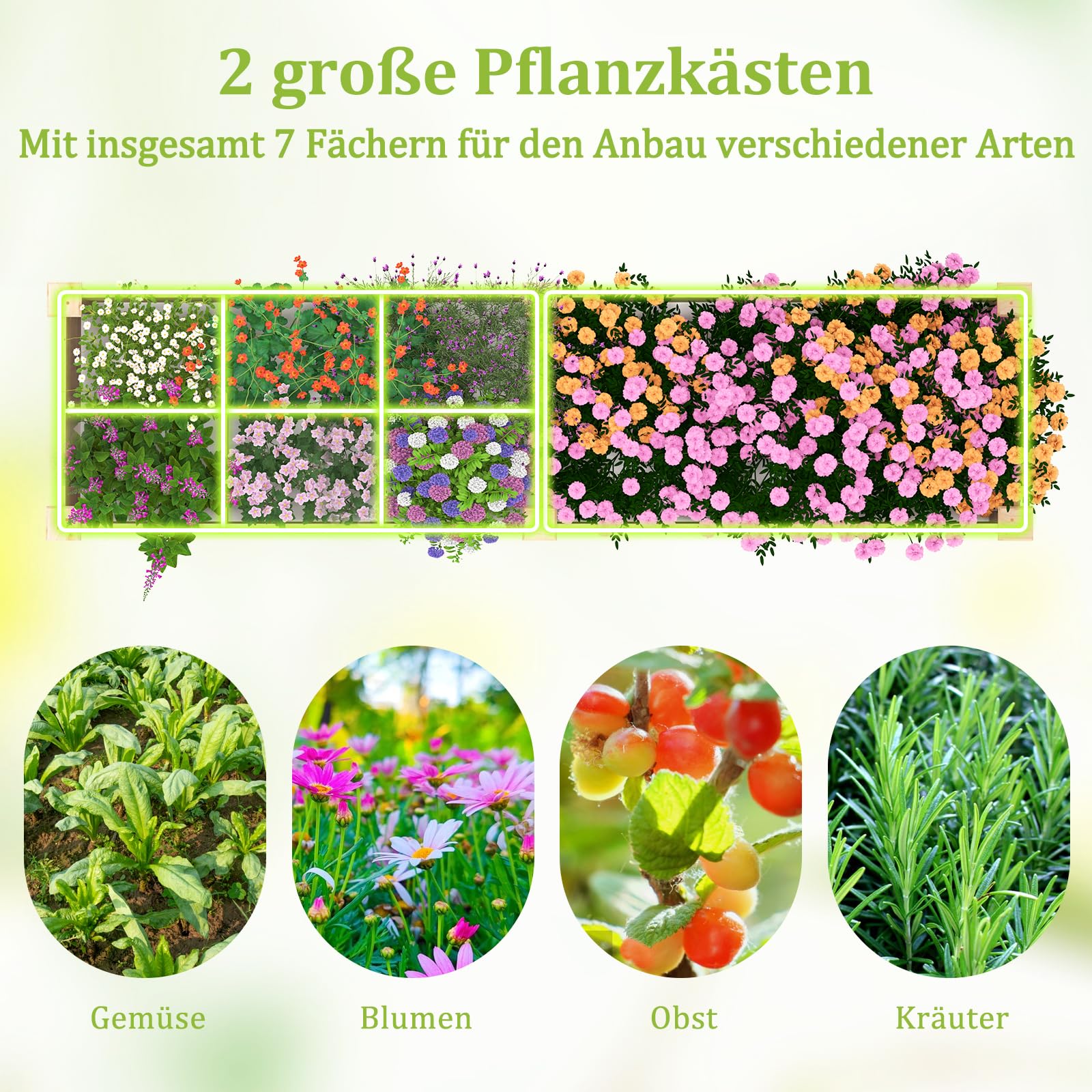Kit da giardino rialzato Hochbeet aus Tannenholz Gartenbeet mit 2 Pflanzkästen Trennwänden Blumenkasten mit offenem Boden Pflanzbeet Pflanzkasten Pflanzkübel für Blumen Gemüse Obst (228x