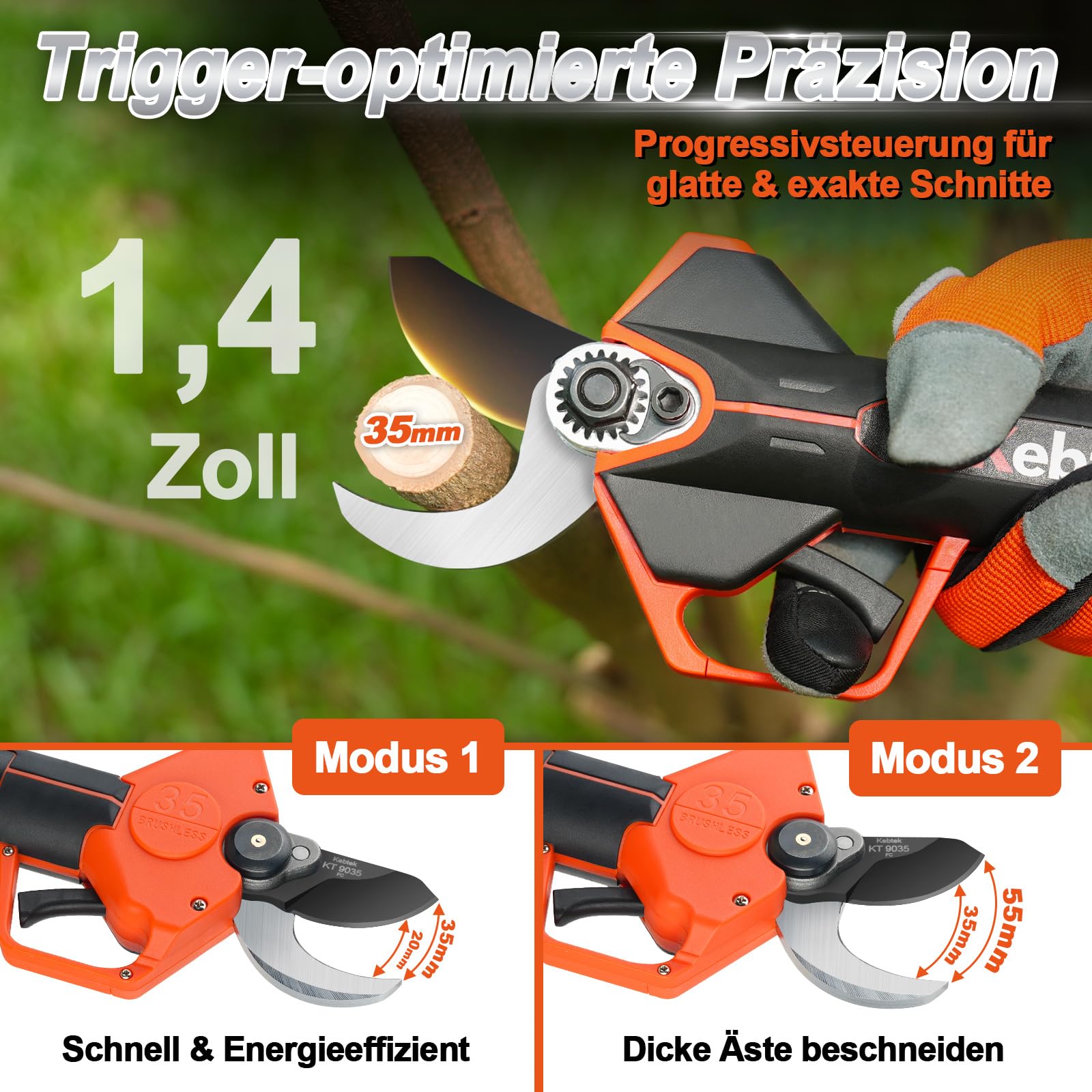 Akku-Astschere 35mm, 21V 4000mAh Akku, kompatibel mit Verlängerungsstiel | Geeignet für Obstbäume, Weinreben und intensive Gartenarbeiten, Unterstützt effizientes Schneiden im professionellen Einsatz