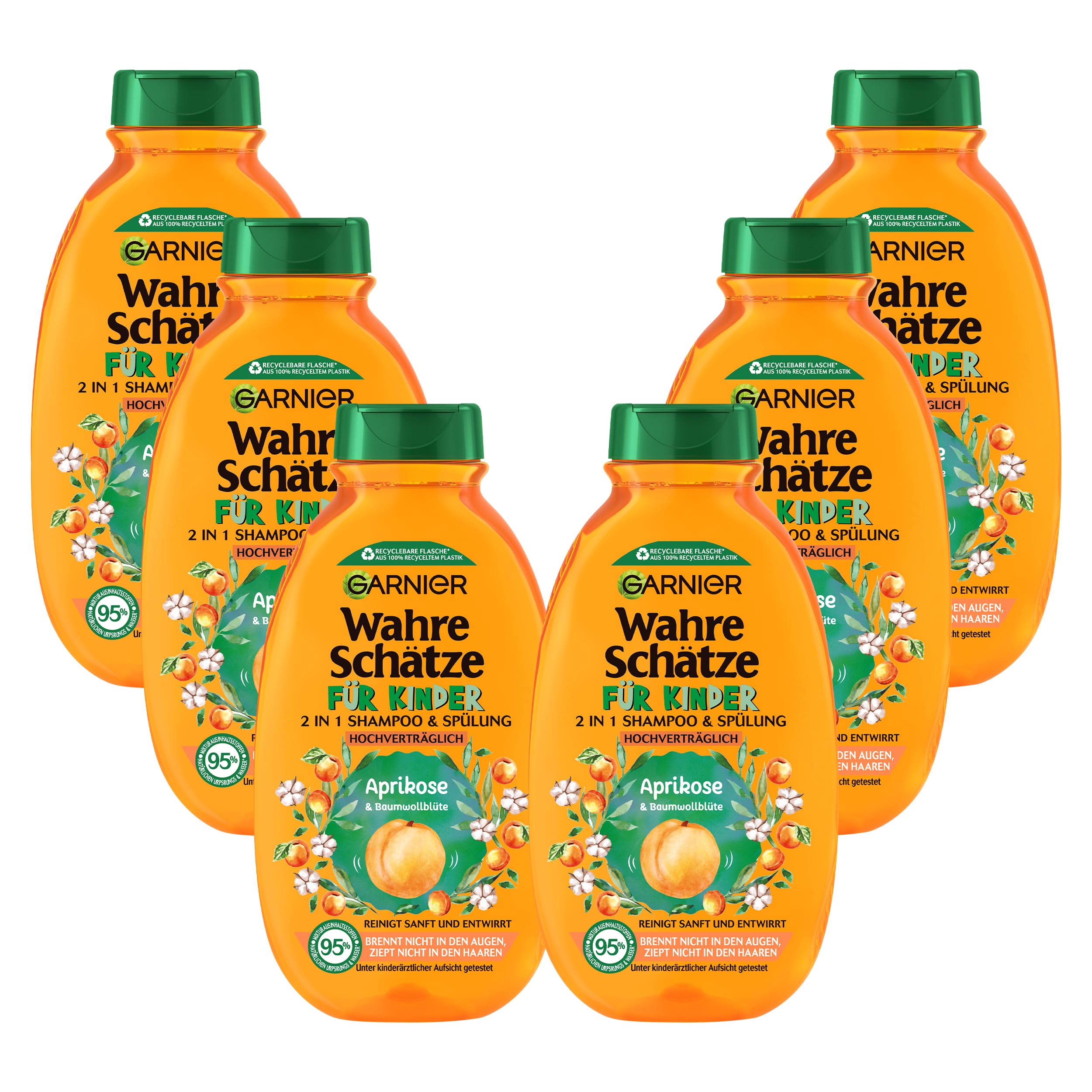Garnier Shampoo für Kinder, Mildes 2-in1 Pflegeshampoo für empfindliches Haar und leichte Kämmbarkeit, Mit Aprikose und Baumwollblüte, Wahre Schätze Kids, 6 x 250 ml