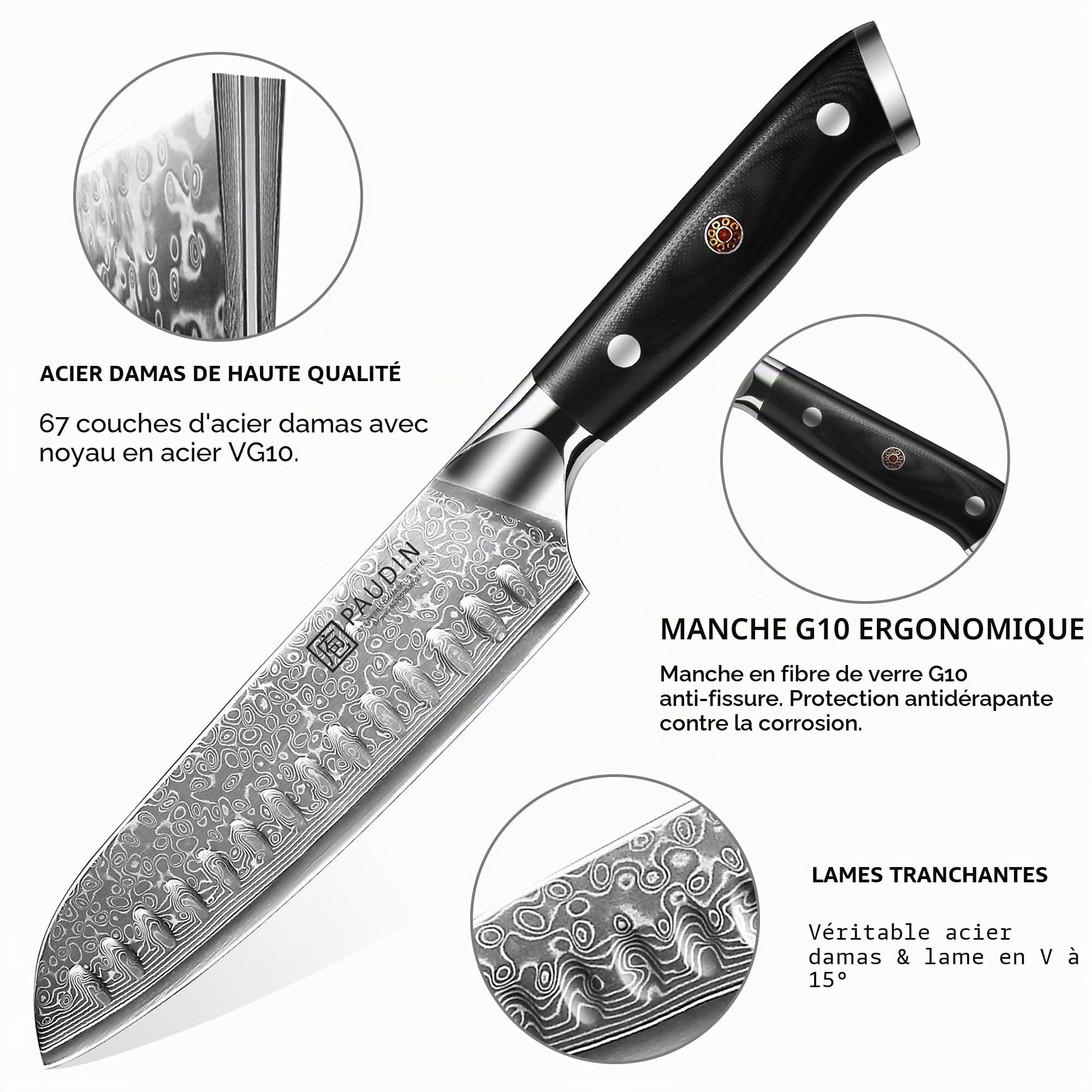 PAUDIN Couteau Santoku Damas 17 cm, ultra tranchant 67 couches en acier Damas VG10, couteau de cuisine professionnel avec manche ergonomique G10