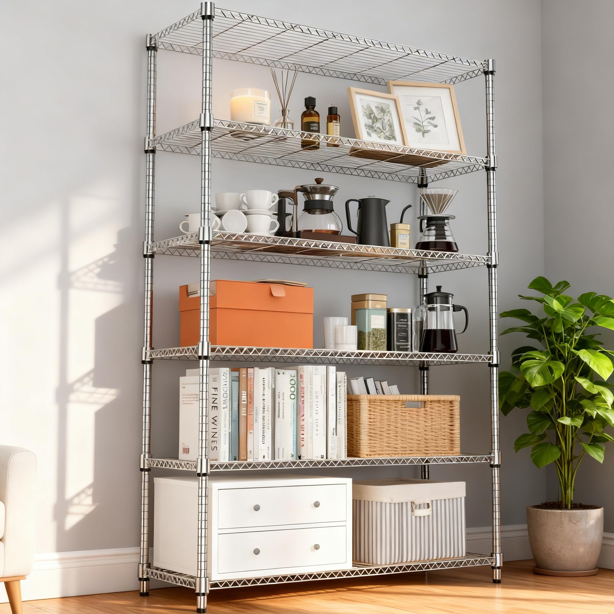M MZG Scaffale a 6 ripiani, in metallo, per garage, cucina, bagno, lavanderia, portata massima 953,4 kg, cromato, 45 x 120 x 209,2 cm