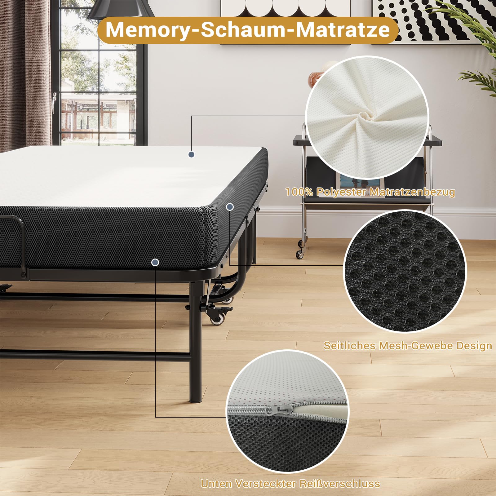 Brinlawb Gästebett Klappbar 90x200 cm mit 10cm Dicker Schaumstoff Matratze Klappbett 90x200 Erwachsene Langlebiger & Robuster Metallbettrahmen mit 4 Laufrollen Faltbares Reisebett bis 200 kg belastbar