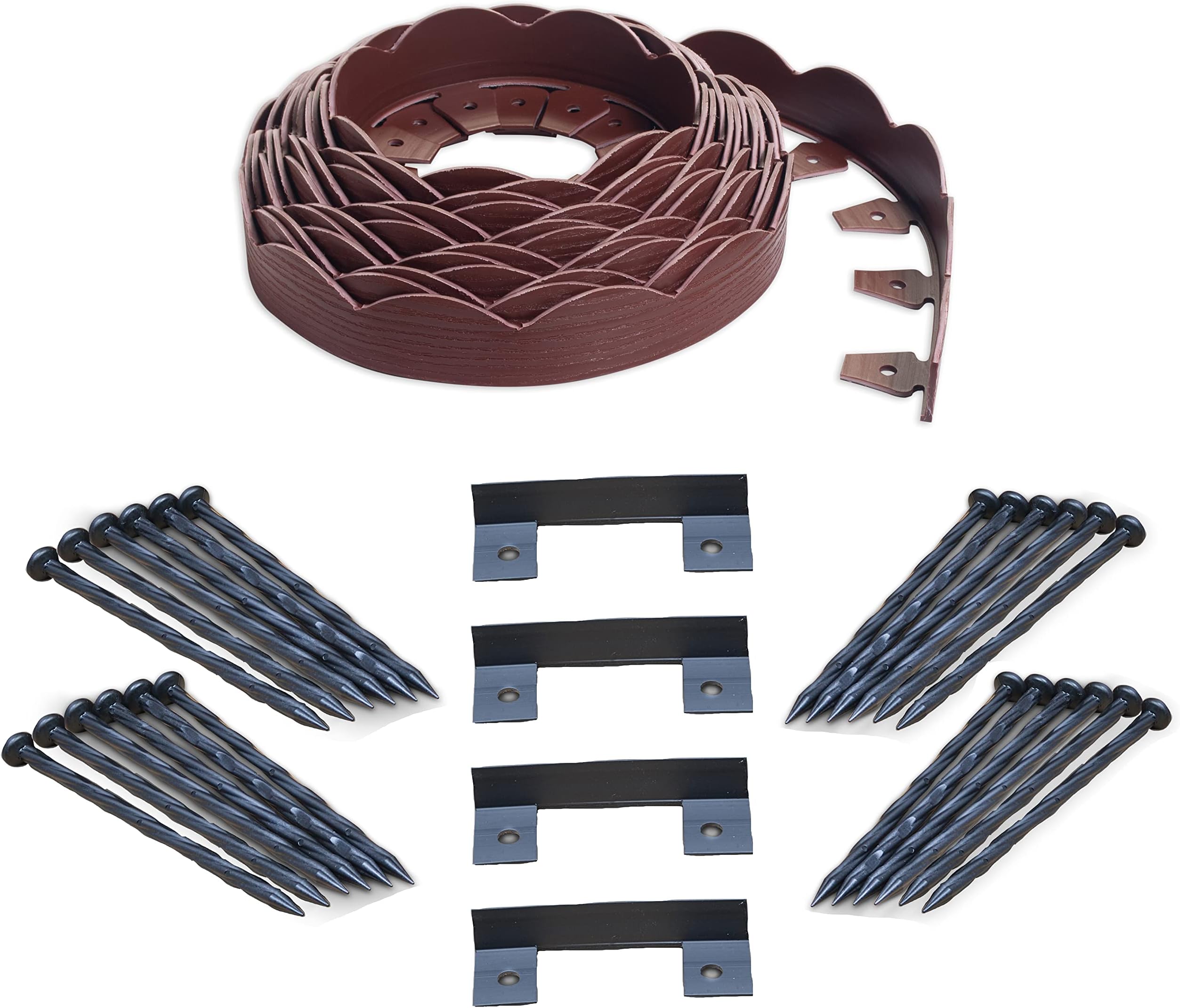 EasyFlex Decorative No-Dig Landscape Edging with Anchoring Spikes, 2.5 in. Tall Scalloped Top Garden Border with Woodgrain Texture, 40 Foot Kit, Red (3210RDE-40C)