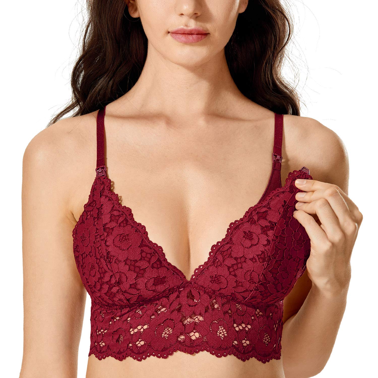 MOMANDA Women's Nursing Bras Lace Wireless Padded Maternity Bras Breastfeeding Bralette Cerise 36D