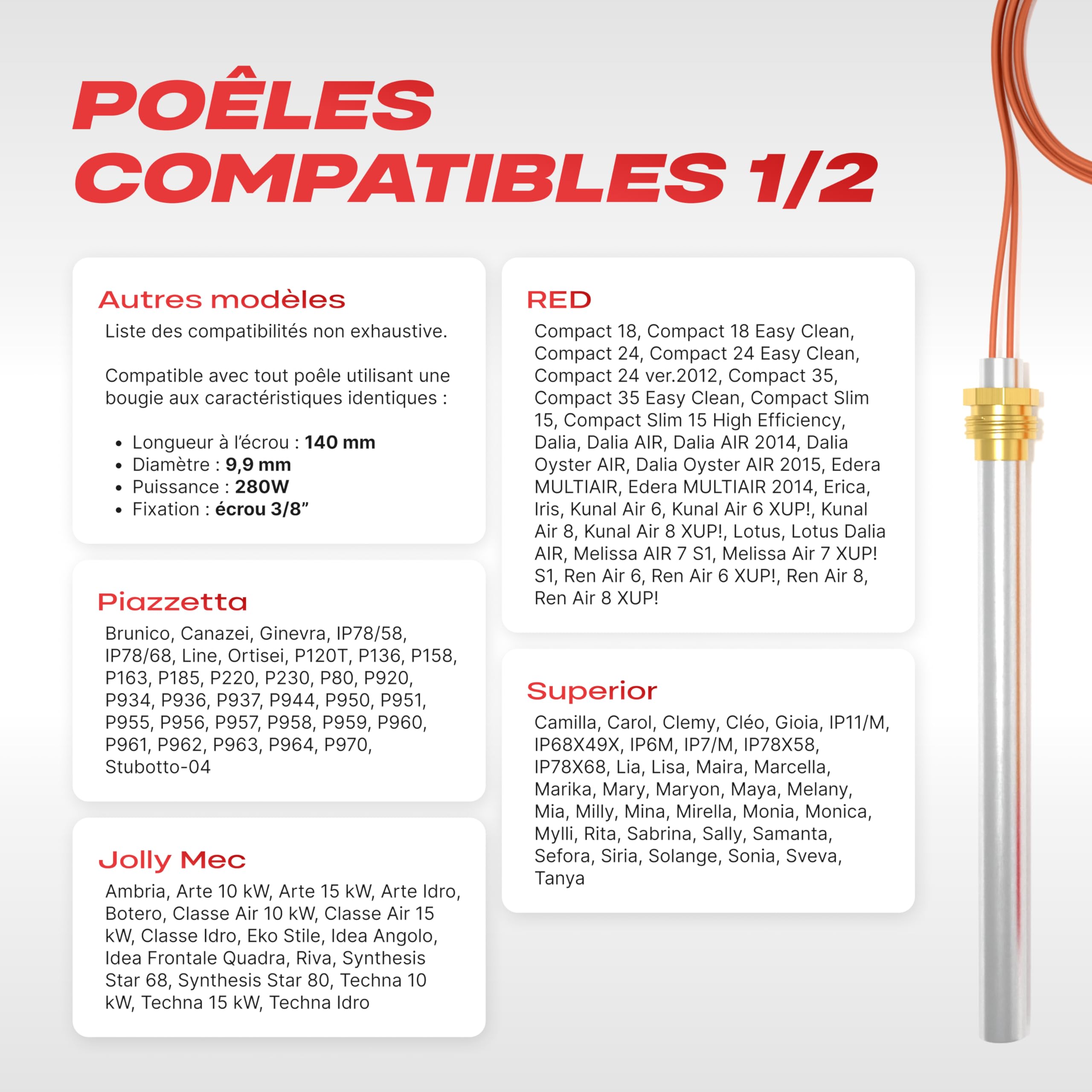 FIATLUX Bougie poêle à Granulé MCZ / Superior / Piazzetta / Jolly Mec / RED / Interstoves / Invicta / Freepoint / SKIA / Kausiflam (140/150mm - 280W - filetage 3/8'), (FL-0002)