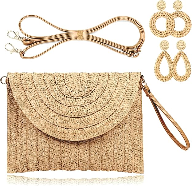 COOKOOKY Straw Clutch Handbag Summer Beach Straw Purse for Women woven Envelope Bag