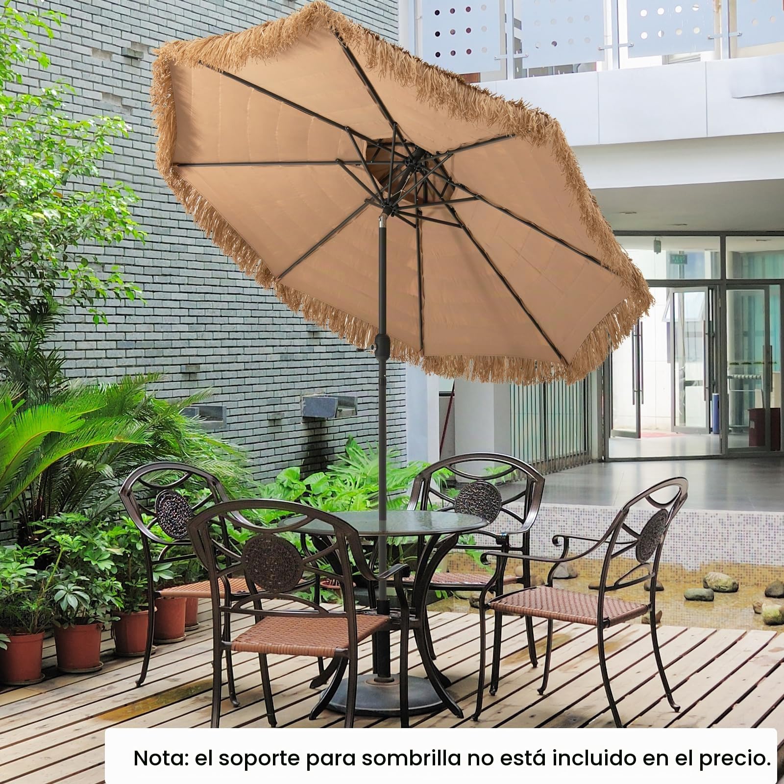 KOMFOTTEU Sombrilla Hawaiana de 2,7m con Doble Techo Plegable | Parasol de Paja de Playa, Sombrilla de Mercado para Jardín, Balcón, sin Base
