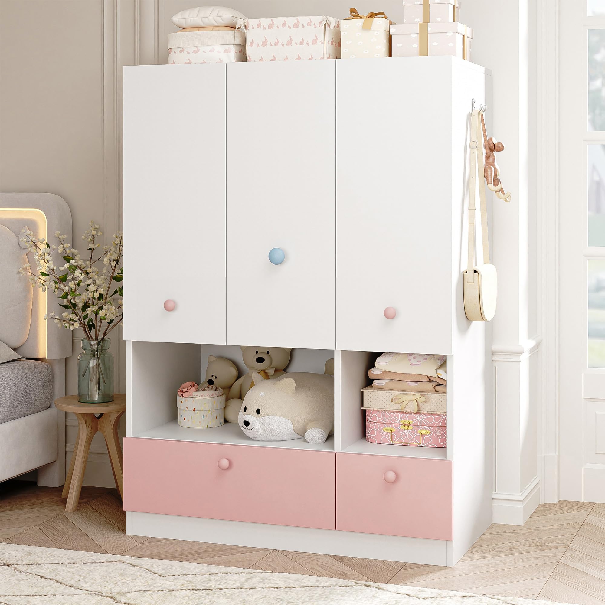 Photo 1 of ***PARTIAL SET - PRICE ADJUSTED***White Armoire Wardrobe Closet with Hanging Rod - Freestanding 3-Door Wooden Wardrobe Cabinet Closet for Bedroom & Dorm, Bedroom Armoires, Features Adjustable Shelves and Drawers for Toys & Clothes