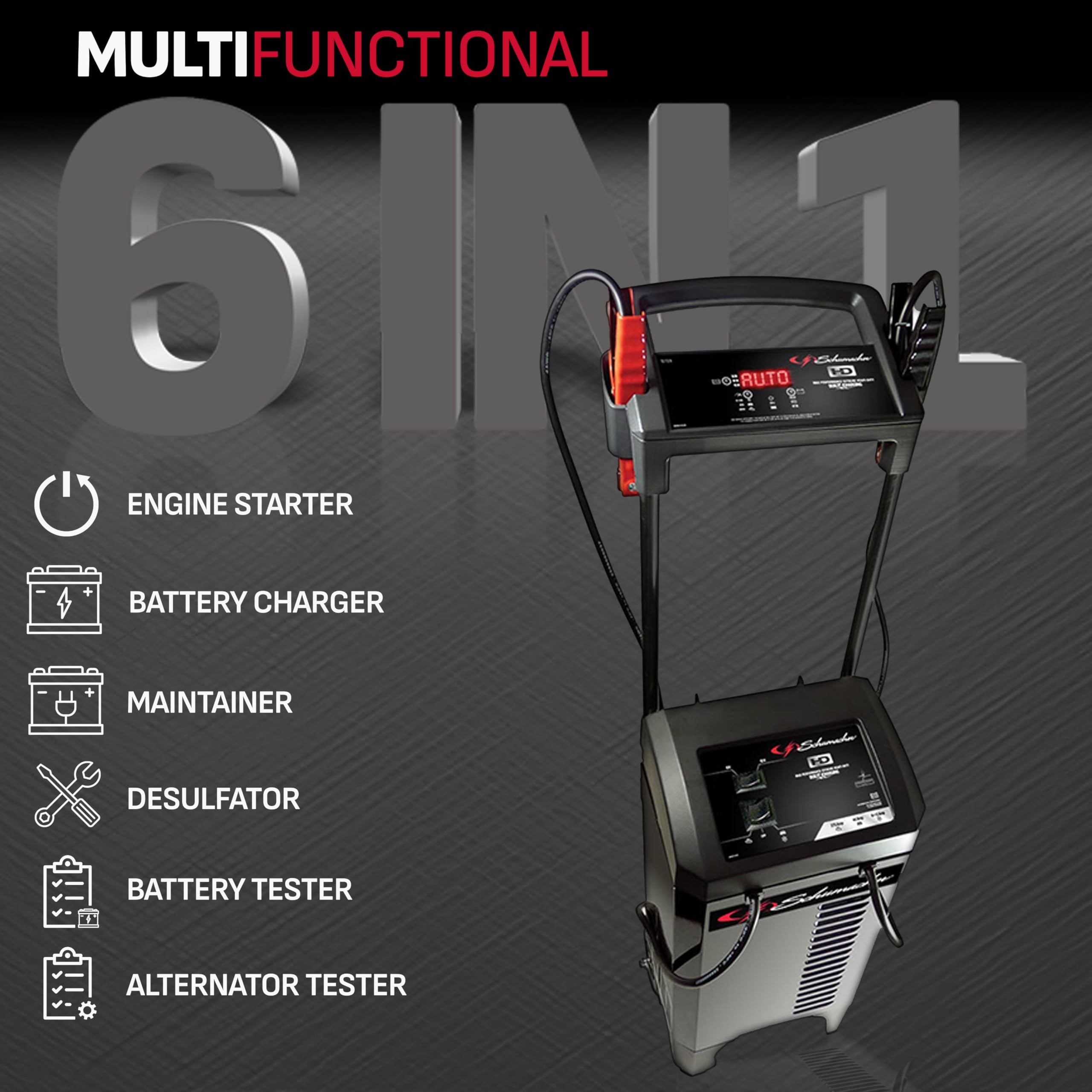 Schumacher Electric Wheeled Battery Charger and Engine Starter, SC1326, 6-in-1, Fully Automatic, Battery Tester, 275 Amps, 40 Amp Boost Mode, 6 Volt, 12 Volt, for Car, Truck, RV, and Marine Batteries