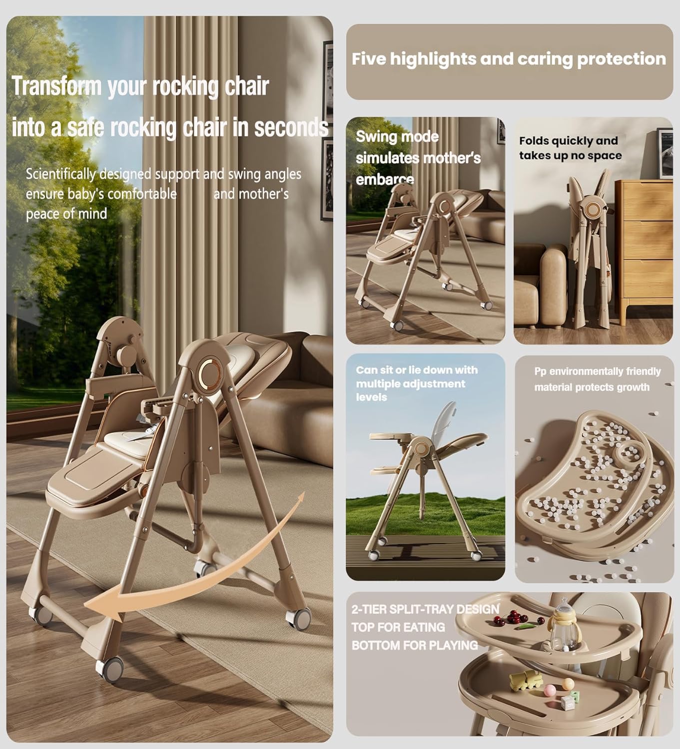 Nine point nine PU Leather Baby High Chair with Swinging Function, High Chairs for Babies and Toddlers, Removable Double Tray Baby Seat Feeding Chairs (X8121 Khaki)
