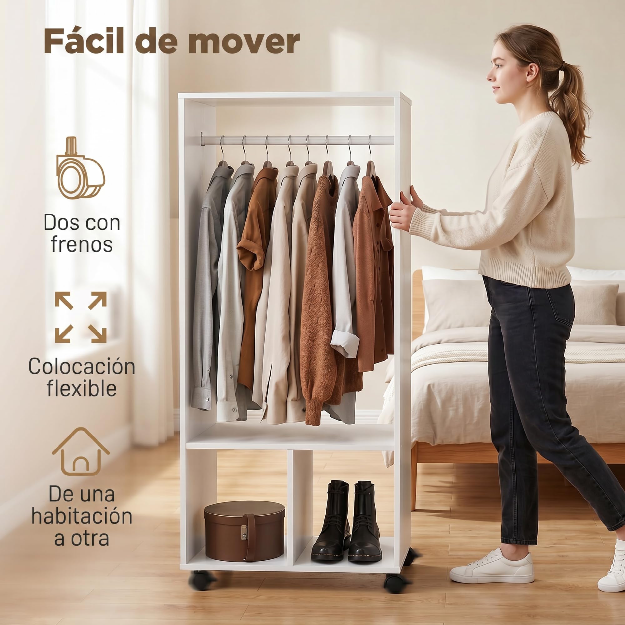 HOMCOM Armario Ropero con Ruedas Armario para Ropa con Barra Estantes Abiertos Organizador para Colgar Ropa de Dormitorio 60x40x128 cm Blanco
