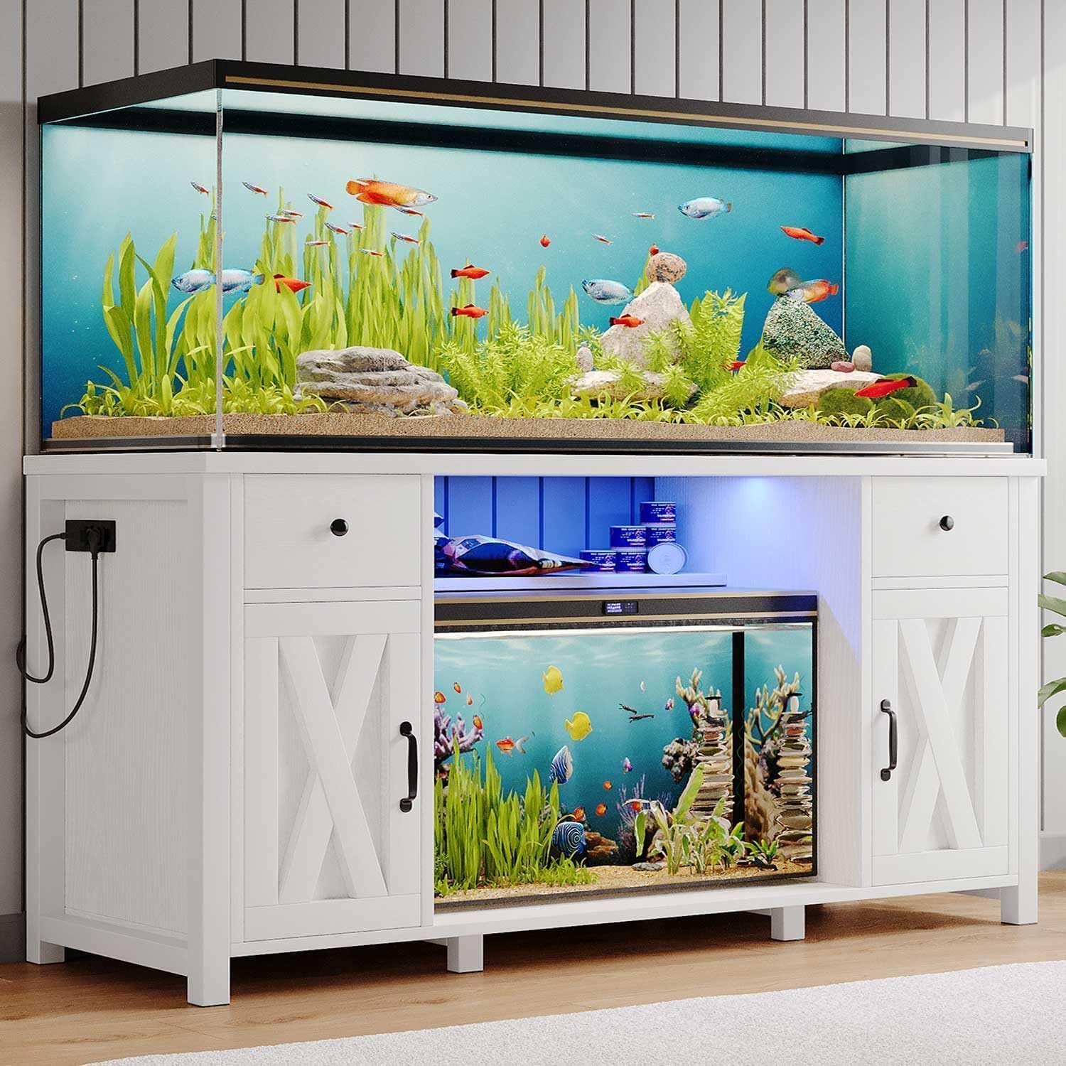 75 Gallon Fish Tank Stand with LED Light & Power Outlets, 55-75 Gallon Aquarium Stand with 2 Drawers & 2 Barn Doors, 52" L x 20" W Cabinet for 2 Fish