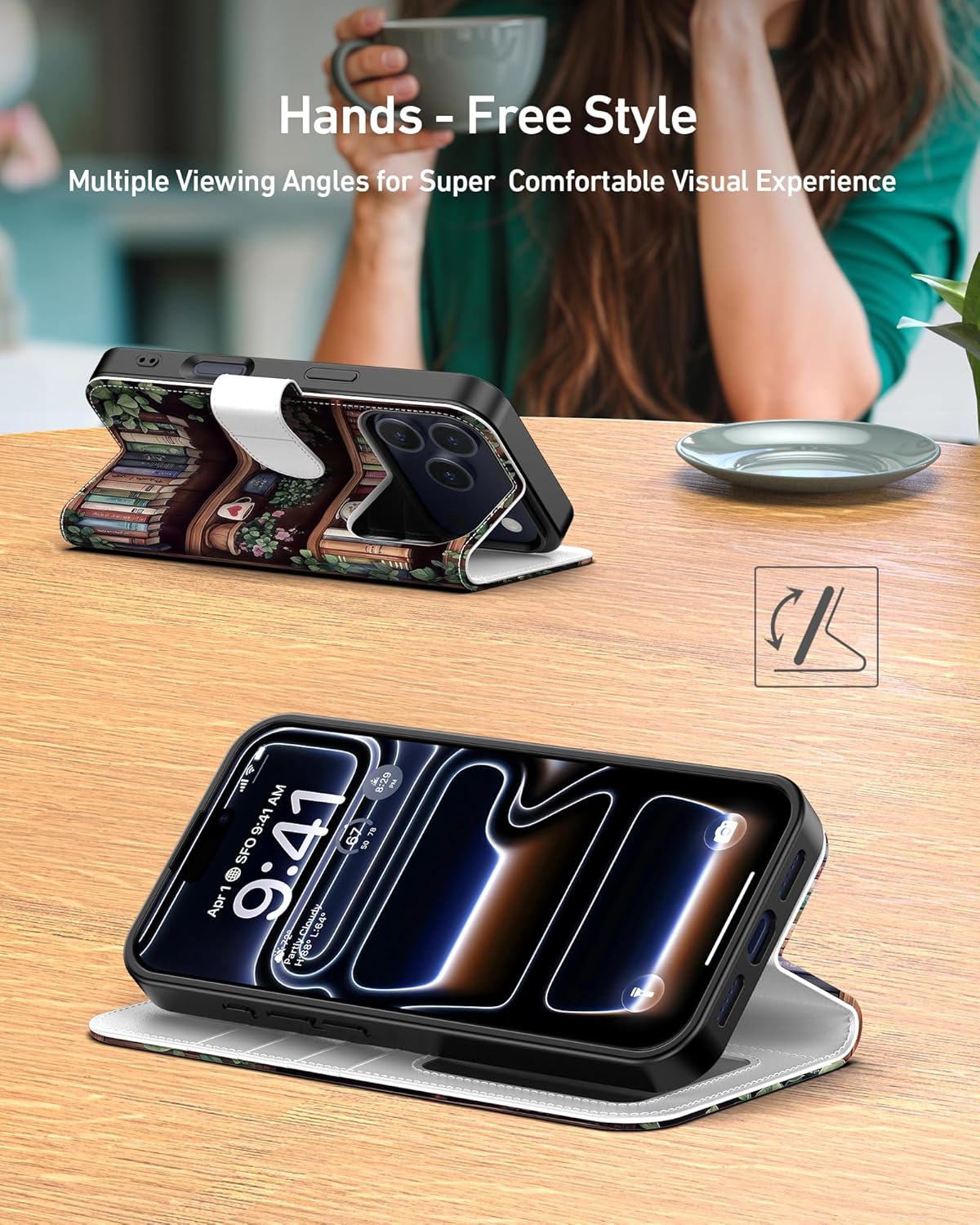 DEENAKIN for iPhone 17 Pro Wallet Case with Card Holder + Cash Clip, RFID-Blocking, Military-Grade Drop Protection & UV-Printed Artwork, Magnetic Closure with Leather Kickstand - Bookshelf with Blooms - Image 3