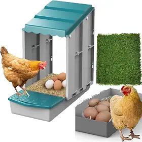 AUTENS Caixas de ninho de frango, 1 caixa de assentamento de furos, 1 tapete de ninho, caixa de ninho de galinha dobrável de plástico, rolo de ovo com área de coleta protegida de ovos de poleiro,
