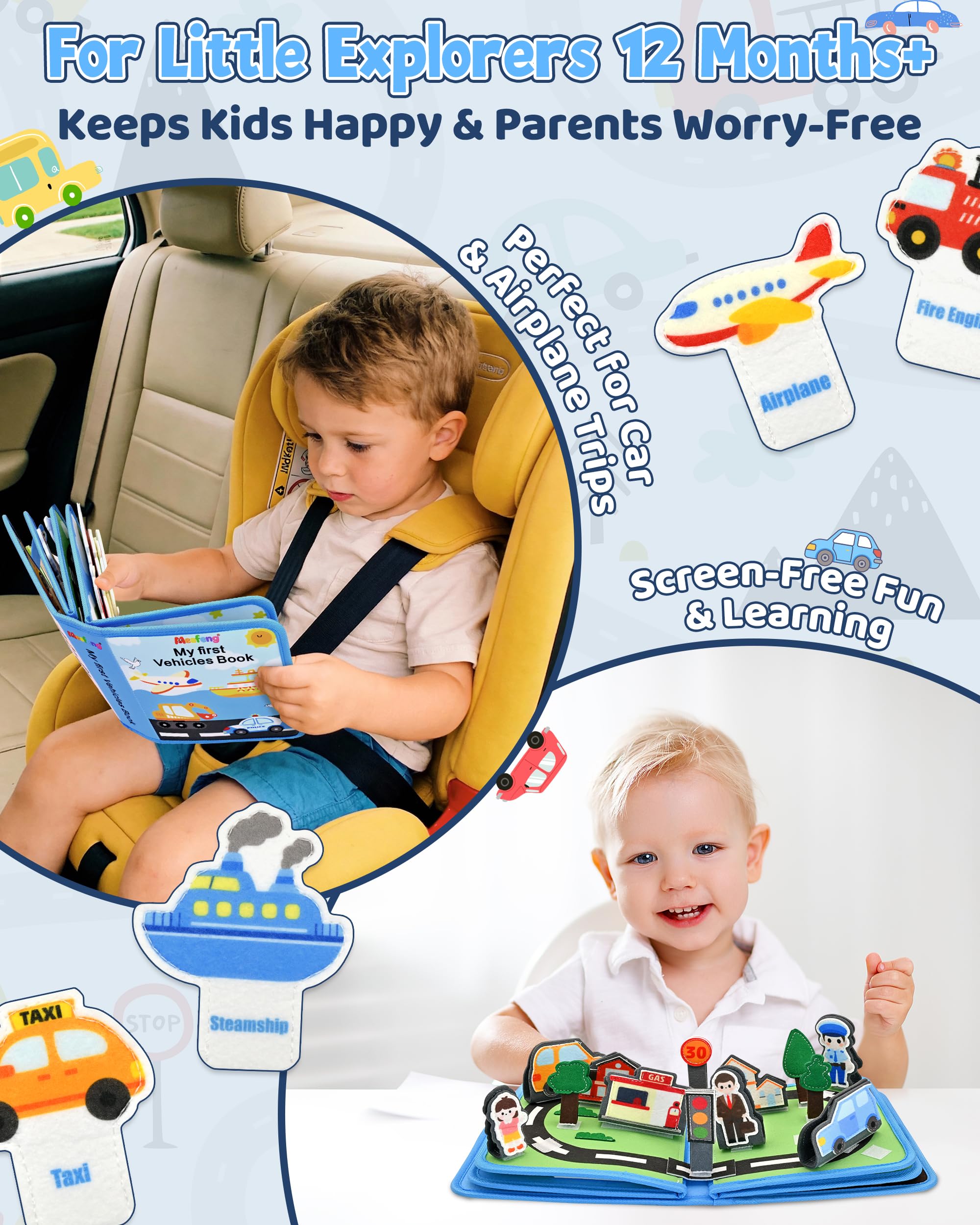 Busy Board Book pour Enfant de 12-36 Mois – Livre Quiet 3D sur Les Véhicules Montessori, Jeux de Voyage pour Avion et Voiture – Cadeaux d'anniversaire pour Bébé Garçons et Filles de 1, 2, 3 Ans