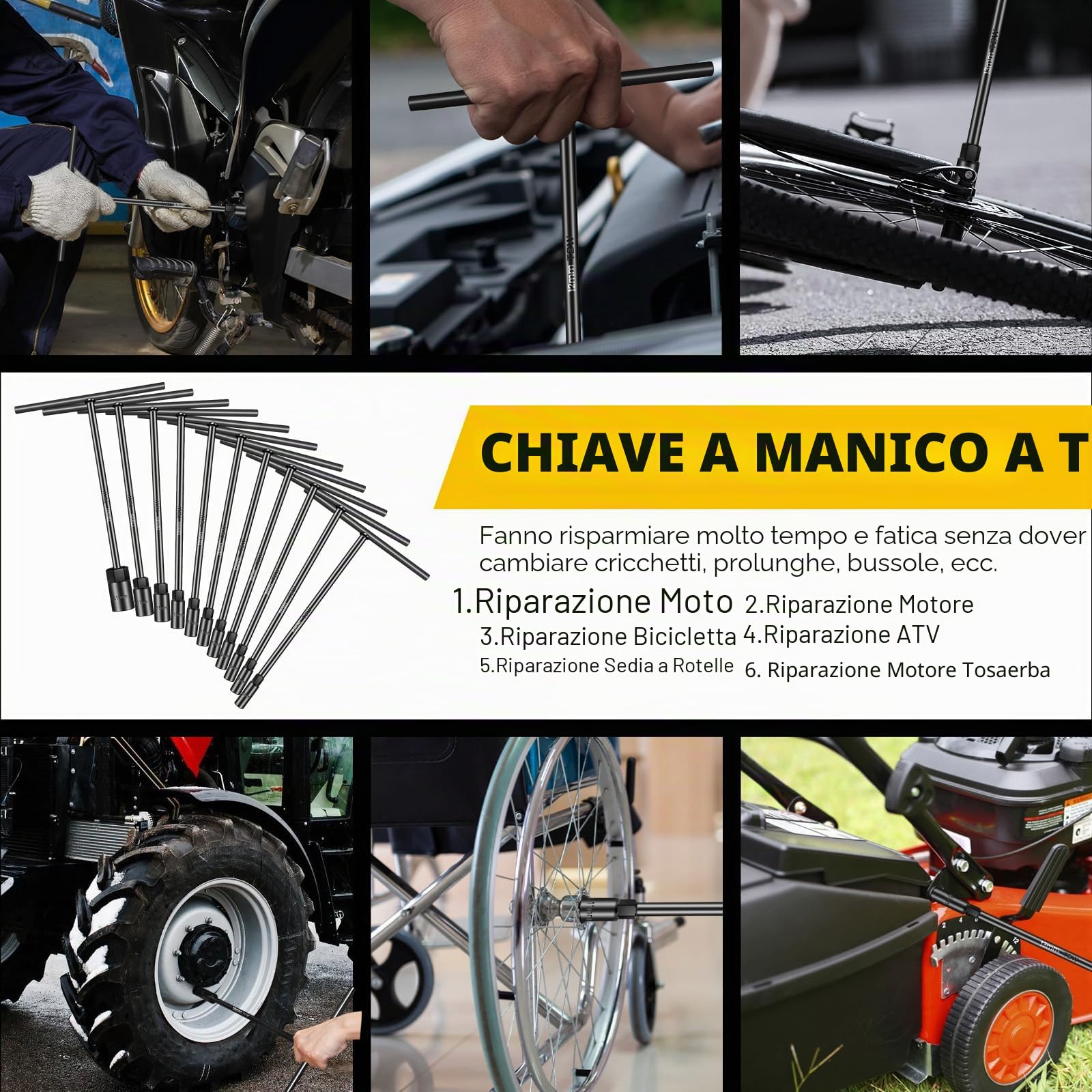 Set di Chiavi a Bussola con Impugnatura a T, 11 Pezzi Metrici (6mm, 7mm, 8mm, 9mm, 10mm, 11mm, 12mm, 13mm, 15mm, 17mm, 19mm), Esagono 6 Punti, CR-V, Marcatura Laser, per Riparazione Moto e Auto