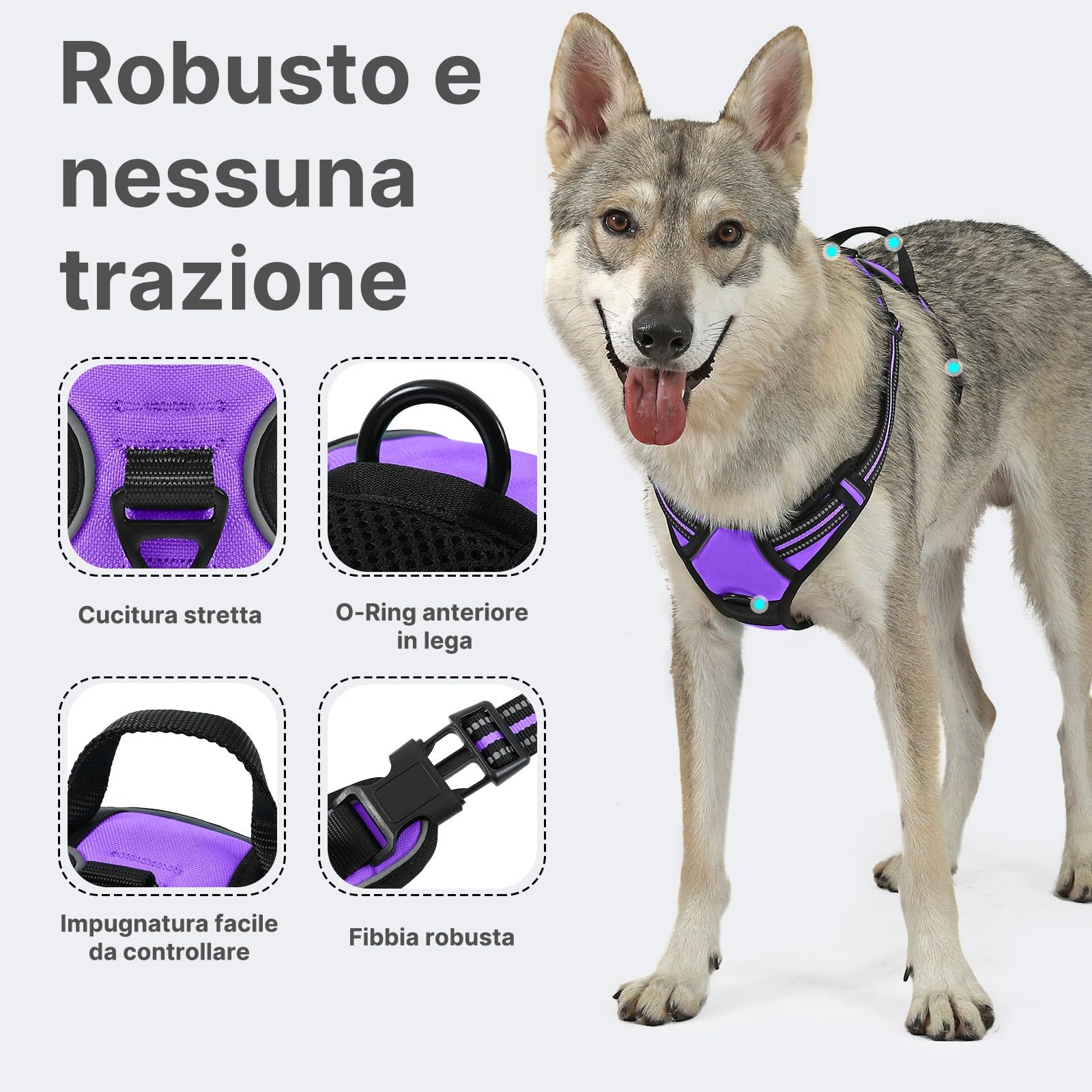 COMSLE Pettorina Cane Taglia Grande Media Piccola, Pettorina per Cani Anti Tiro Riflettente, Imbracatura Regolabile Cani con 2 Ganci in Metallo per Addestramento Corsa (Viola, L)