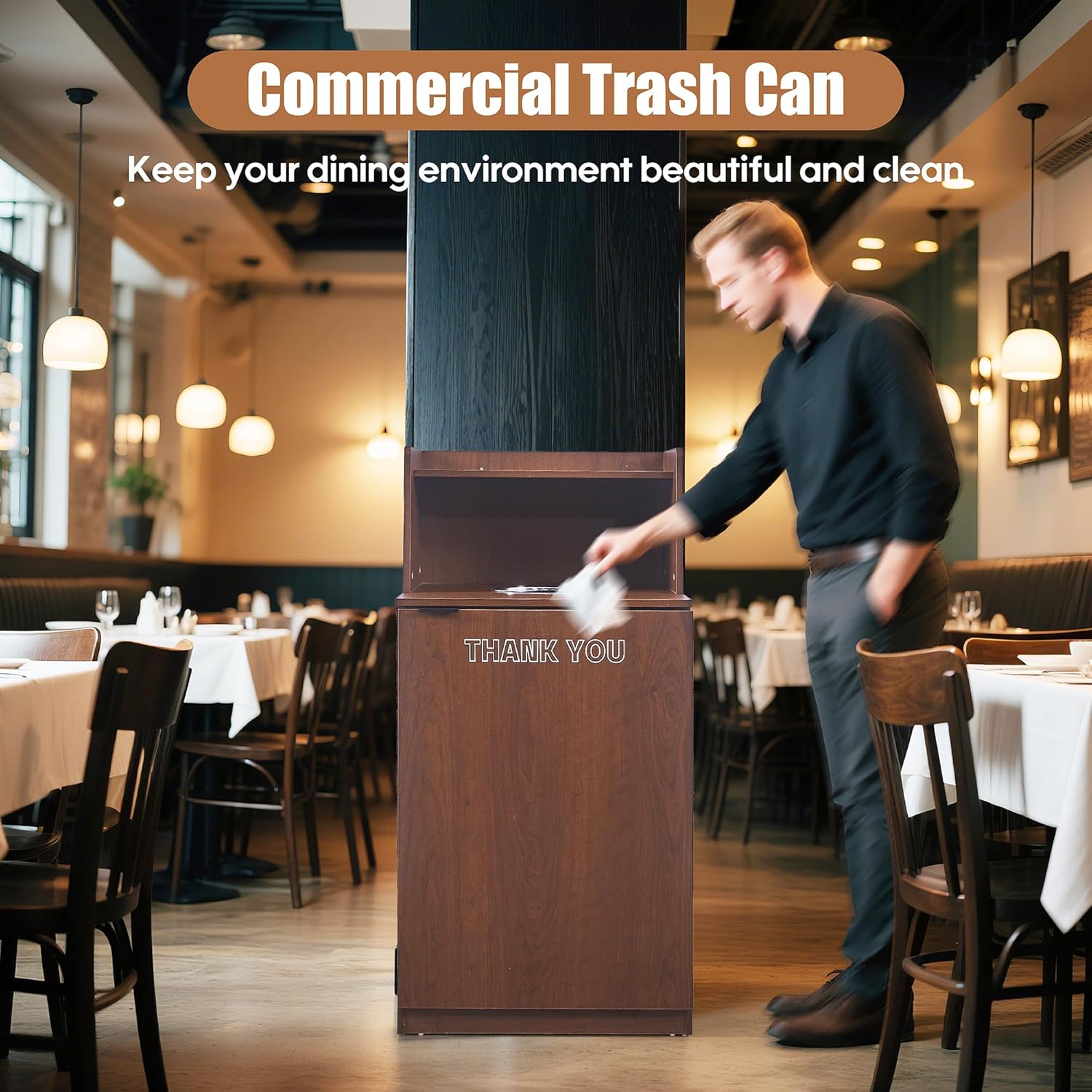 Restaurant Trash Can Cabinet, Commercial Trash Cans 32 Gallon Wooden Trash Can and Garbage Receptacle with Tray Holder, Door, Large Trash Bin for Restaurant, Cafeteria, Kitchen, Shop, Mahogany
