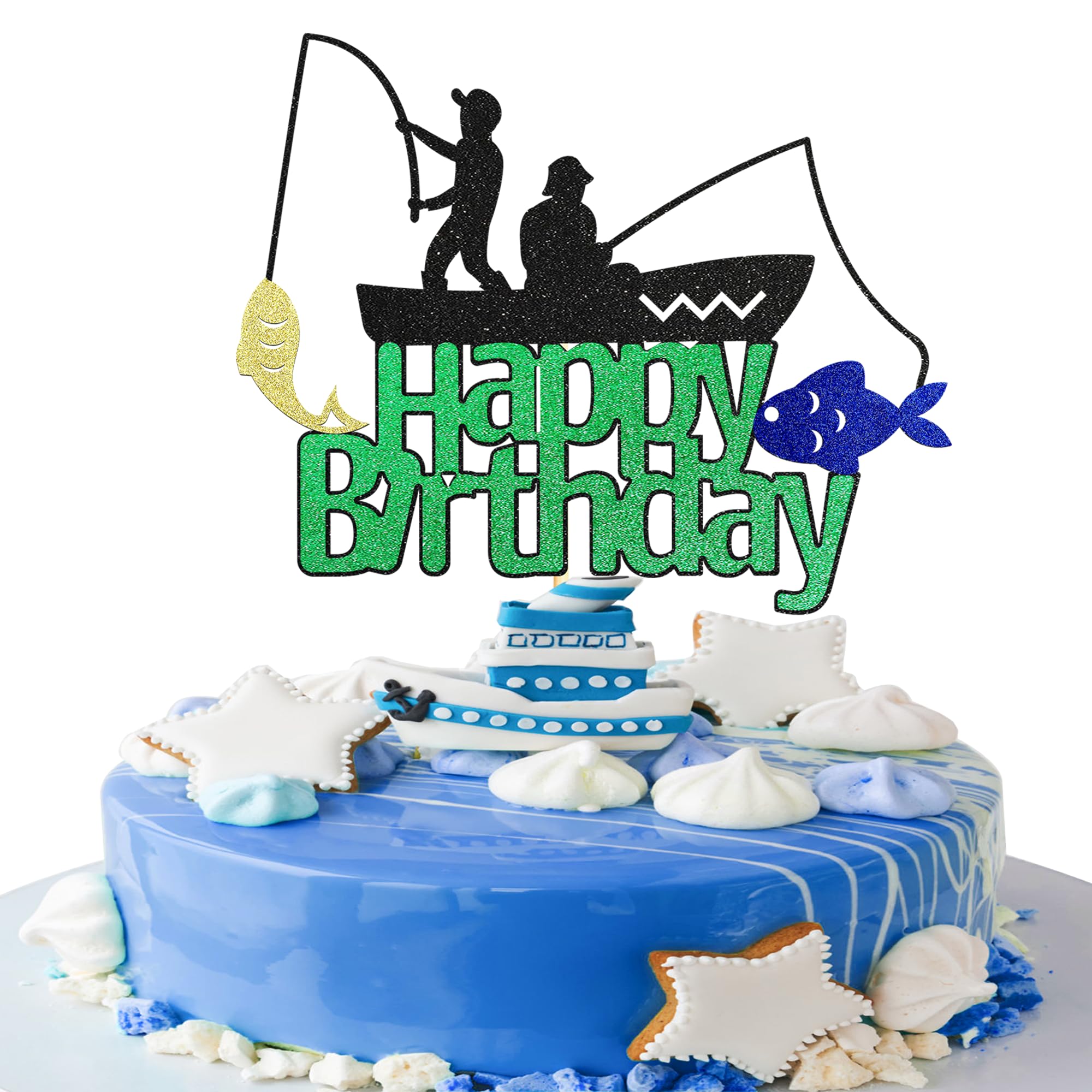 DecoPac Decorazione per torte a forma di pescatore, 4 pezzi, pescatore in barca, pesce, due alberi, appassionato di pesca, riutilizzabile, per alimenti, multicolore