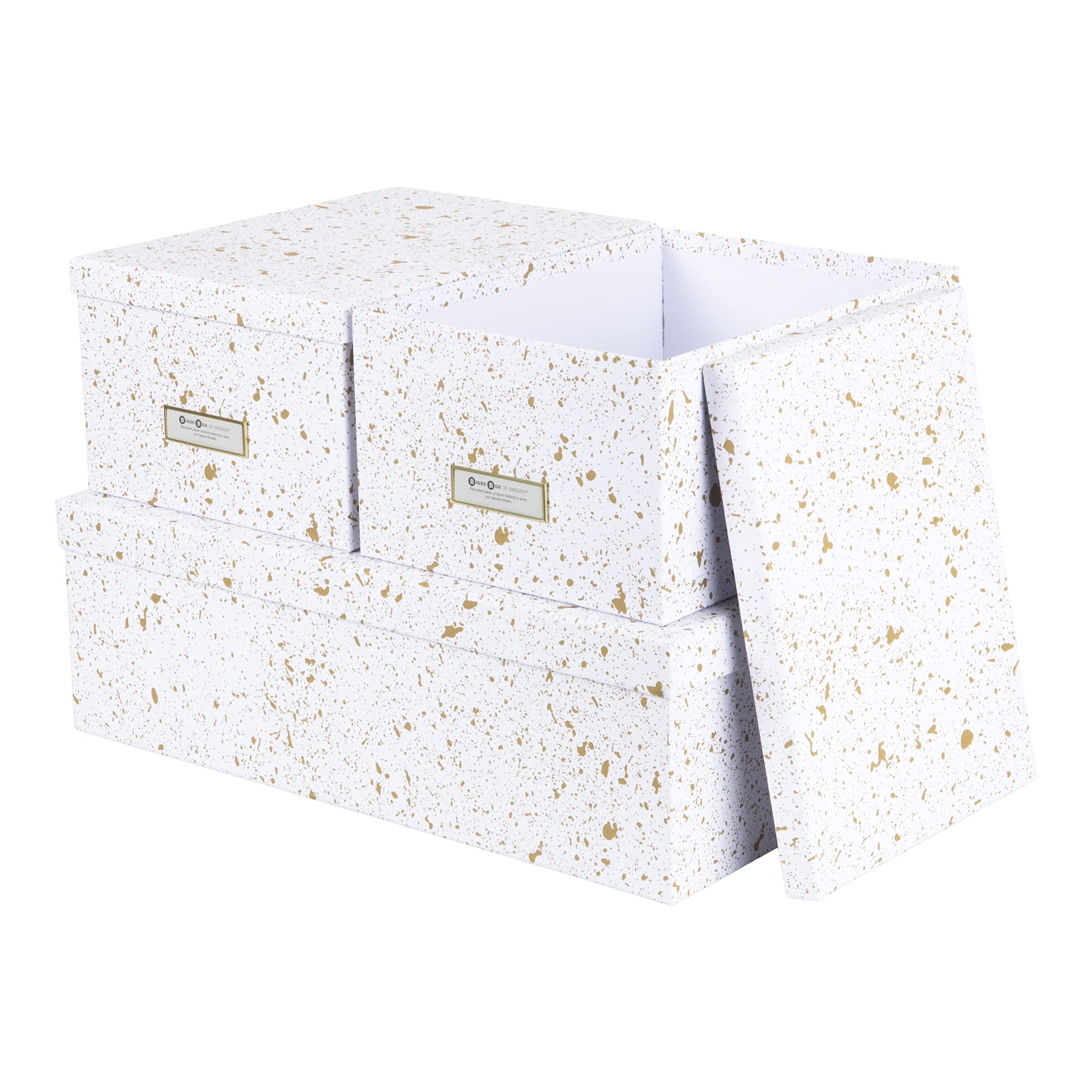 BIGSO BOX OF SWEDEN INGE Set van 3 opbergdozen voor slaap-, kinder-, werk- of badkamer, opbergbox met deksel, opbergdozen van vezelplaat en papier, goud gespikkeld