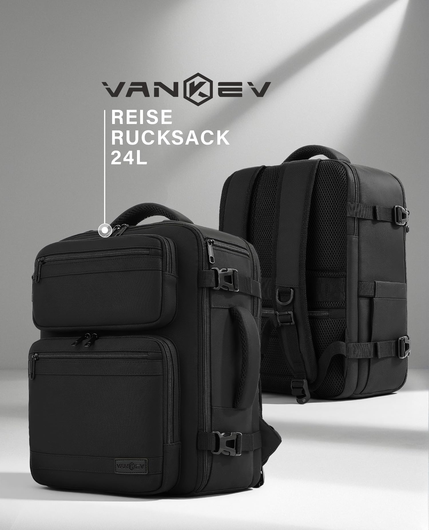 VANKEV Eurowings Ryanair EasyJet Wizz Air Handgepäck 40x30x20cm-24L, Sitzunter Rucksack für Reisen passt zu 15,6 Zoll Laptops schwarz