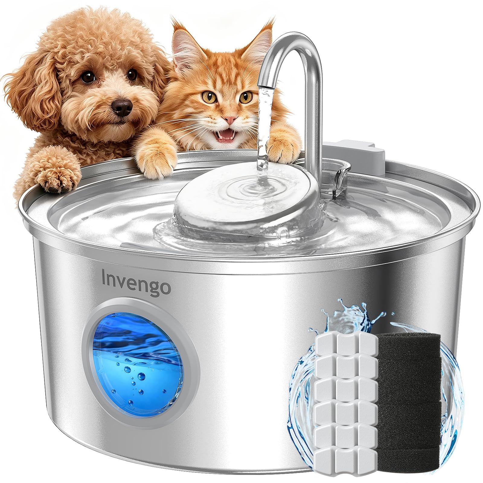 Invengo Cat Water Fountain for Drinking, 3.2L Stainless Steel Pet Water Fountain with 2 Flow Modes, Splash-Proof Side, Includes 6 Replacement Filters (3.2L Fountain+6 Filters+6 Sponges)
