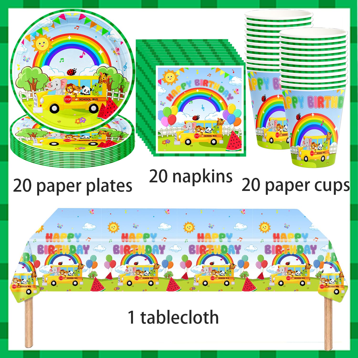 Set di decorazioni per feste di compleanno a tema fattoria verde per bambini, 61 pezzi include piatti di cartone, tazze, tovaglioli e tovaglie per 20 bambini, festa di compleanno a tema fattoria con
