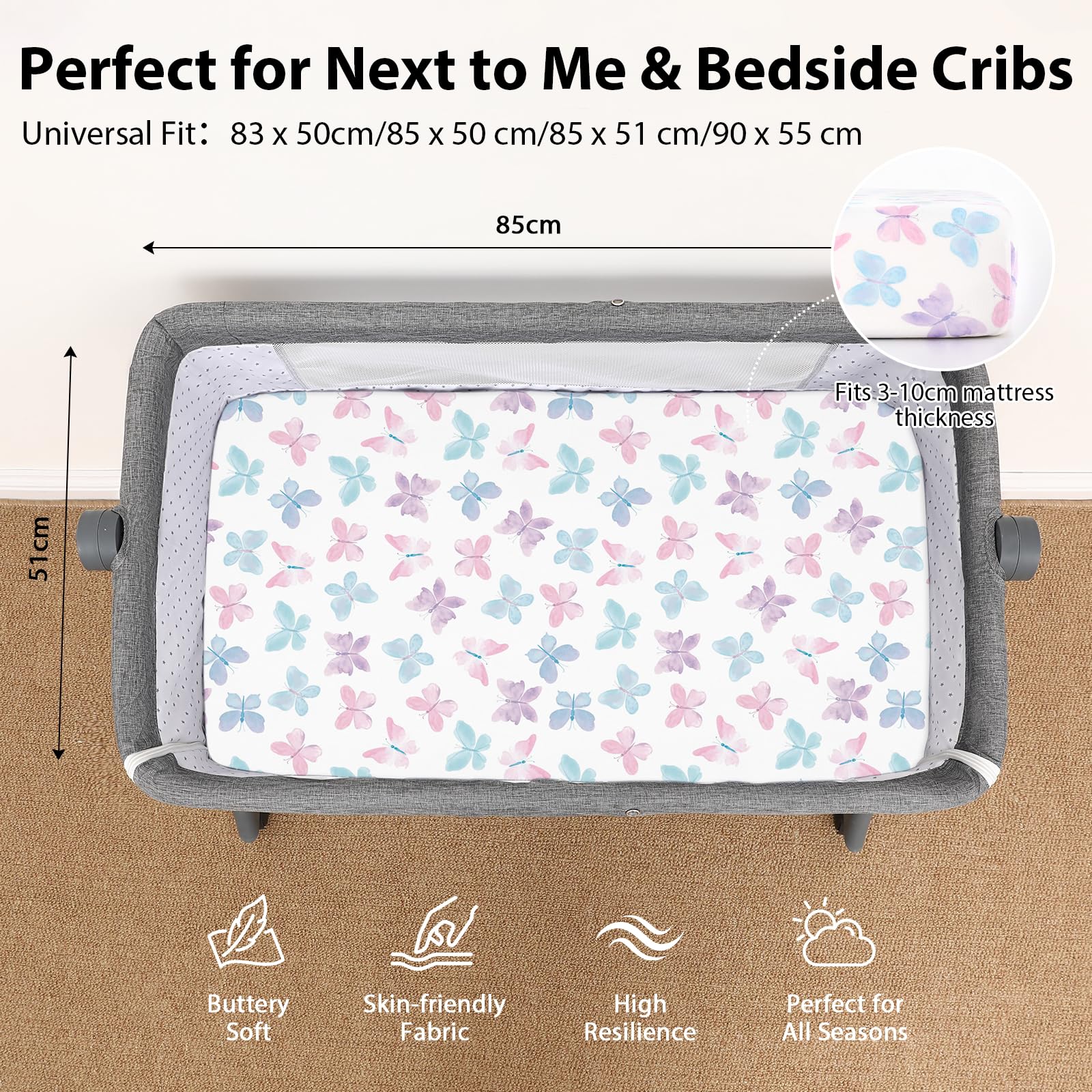 FIEMOL Next to Me Crib Sheets 85x51cm Fitted, 3 Pack Baby Cot Sheets - Image 3
