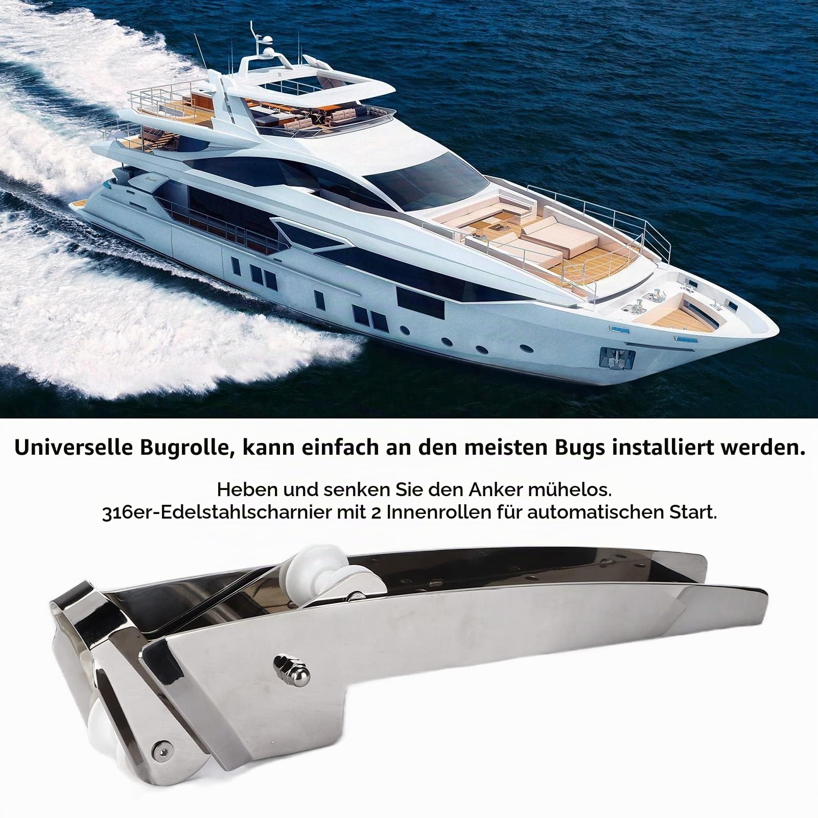 Akozon Ankerrolle, 24 Zoll Edelstahl Bug-Ankerrolle für Boote 22-44 Lbs Bug-Ankerhalterung für Schiffs-Boots-Deck-Hardware