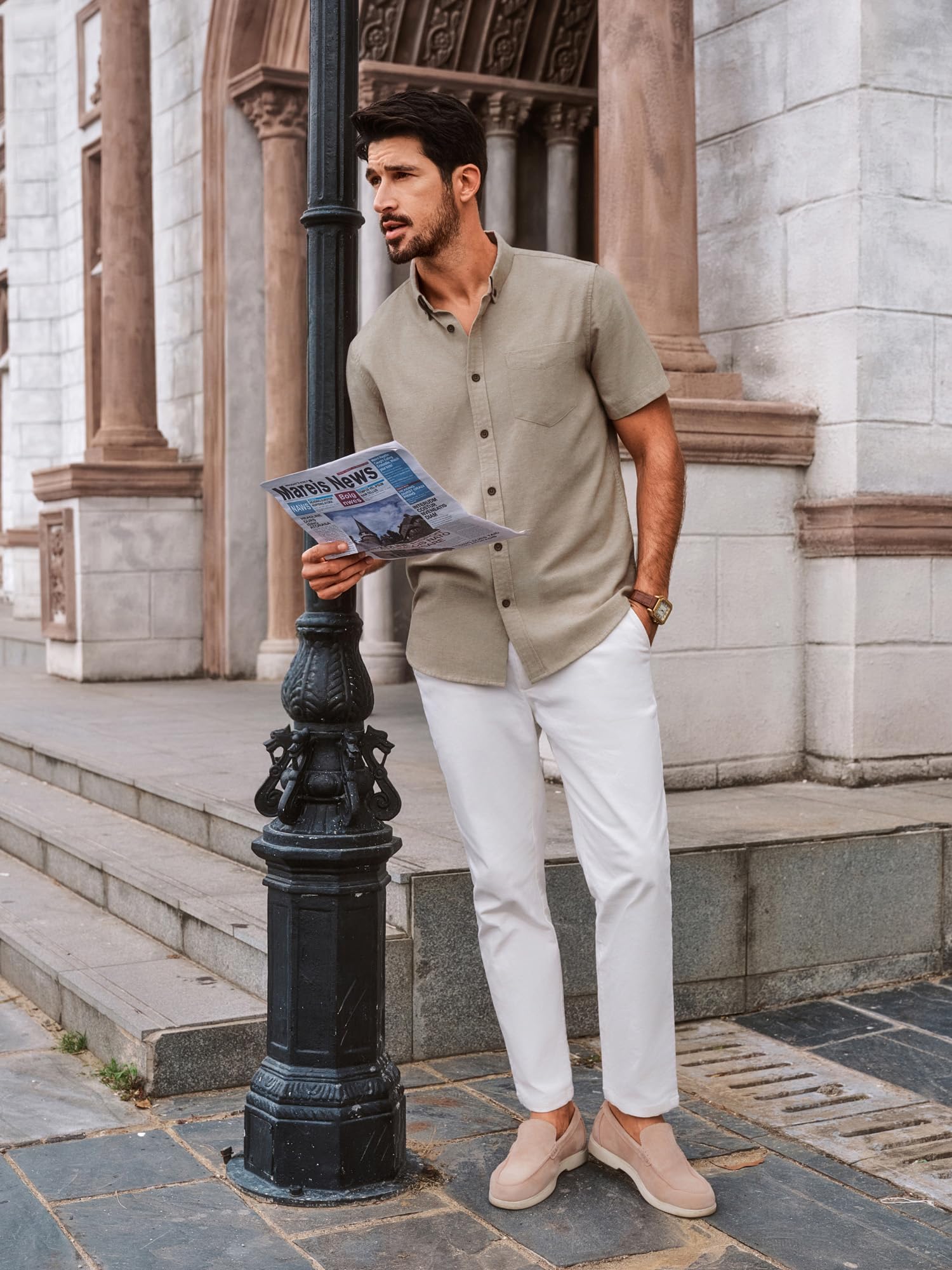 PJ PAUL JONES Camisa de lino manga corta para hombre, ligera verano