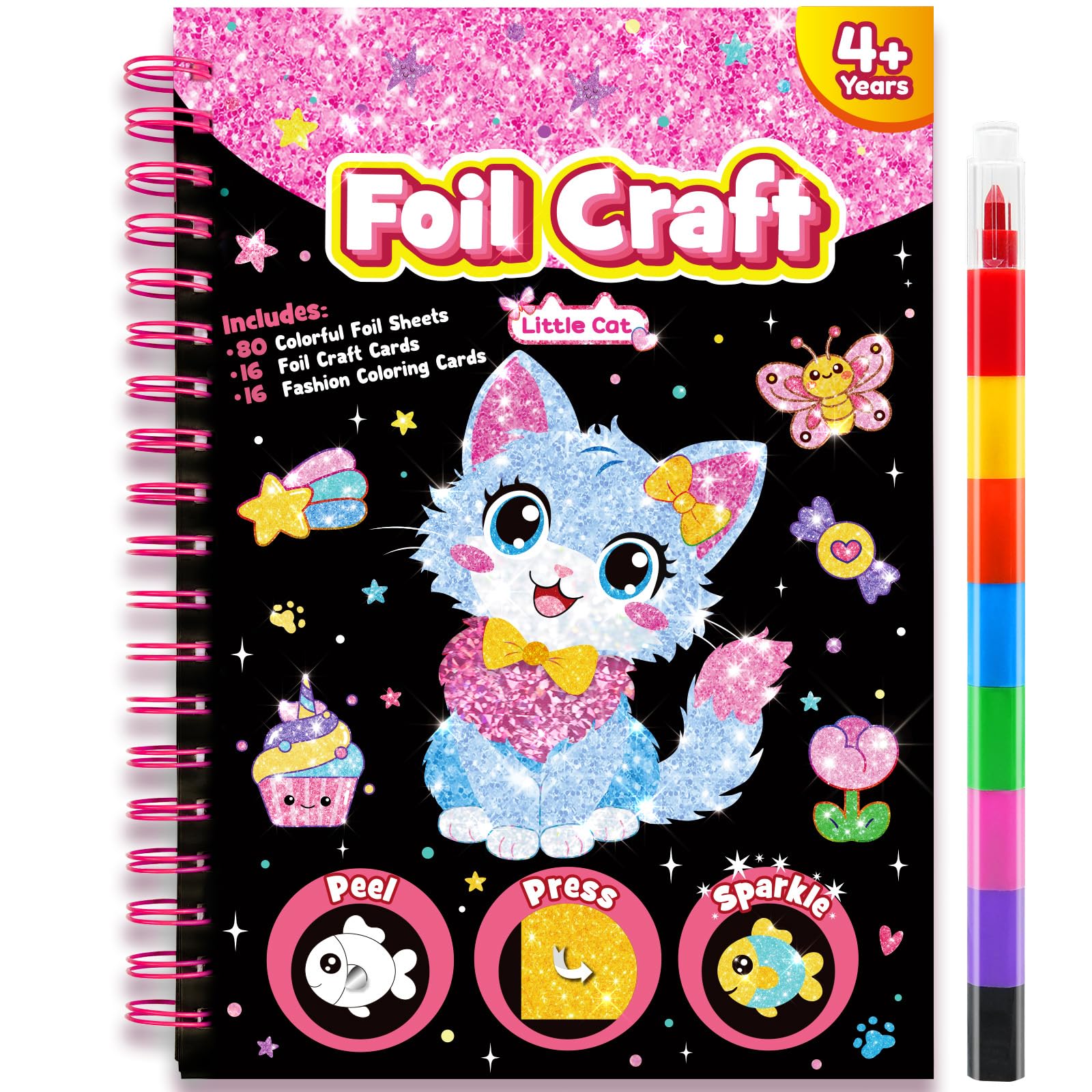 LIKYMO Foil Art - Foil Craft, Art and Craft for Kids, No Mess Colouring Book, DIY Creative Activity, Travel Toys, Gifts for 4-9 Year Old Girls Boys (Cat) โ image 1