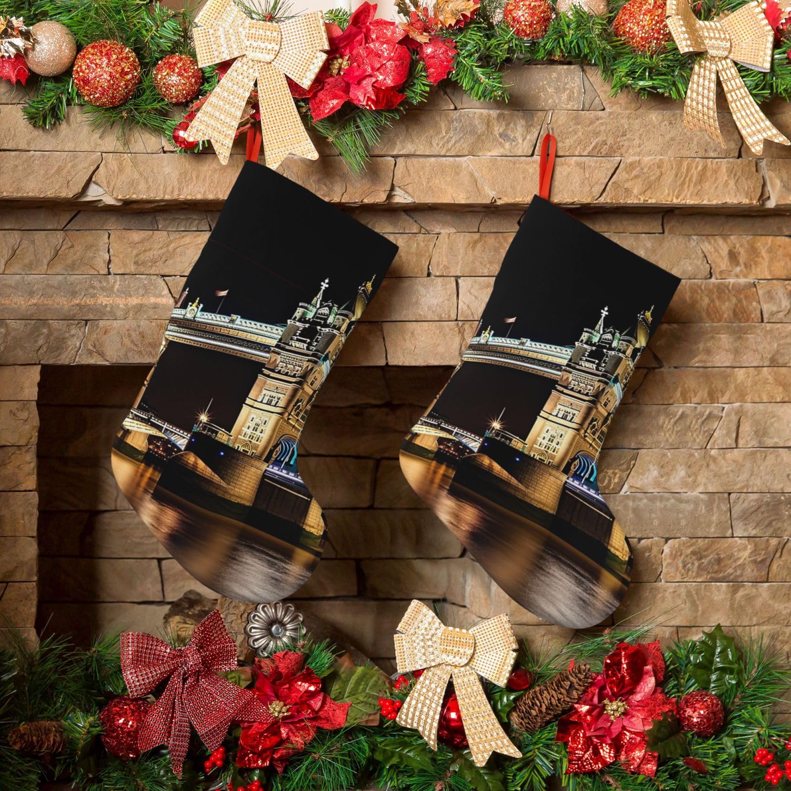Night London Tower Bridge Christmas Stockings 18 Inches Velvet Xmas Fireplace Hanging Stocking Rustic Christmas Santa Stockings for Home Christmas Decorations Party Favor Supplies
