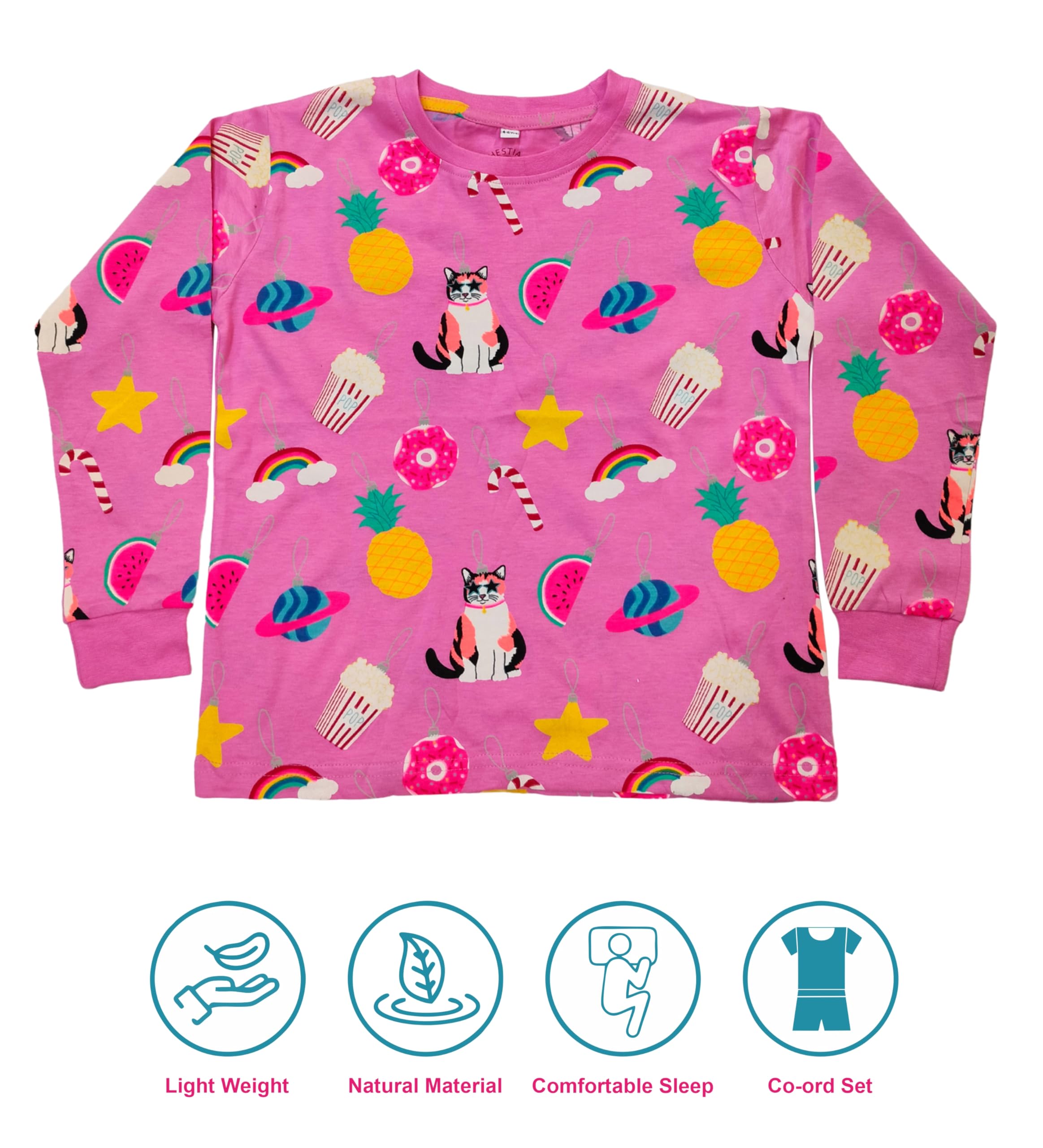 Hestia | H.NSG.N.1 |Kids Girls Nightwear |Sleepwear |Cotton |Trouser Full Sleeves Tshirt |Elastic Waist |Night Dress with Pyjama Tshirts for Girls|Cat Fruits Rainbow Printed |Pink Color 4-6Yrs |Set 1 - Image 2 thumbnail