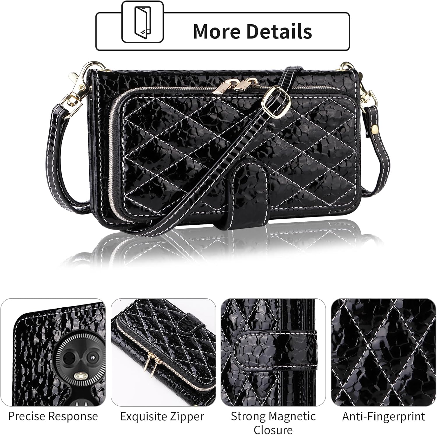 Argyle Wallet Case for Moto E5 Plus E 5 Supra with 2 Lanyard Luxury PU Leather Zipper Purse Shockproof Card Holder Cell Phone Cover for Motorola E5+ MotoE5plus 5E 5th Generation E5plus Black