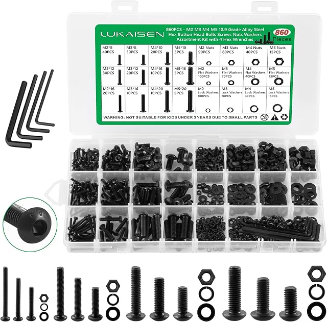 860Pcs M2 M3 M4 M5 Screw Assortment Kit, Bolts Screws Nuts Kit, Metric Hex Socket Button Head Cap Bolts, 10.9 Grade Alloy Steel Black Screws with Wrench for 3D Printer, Black Oxide