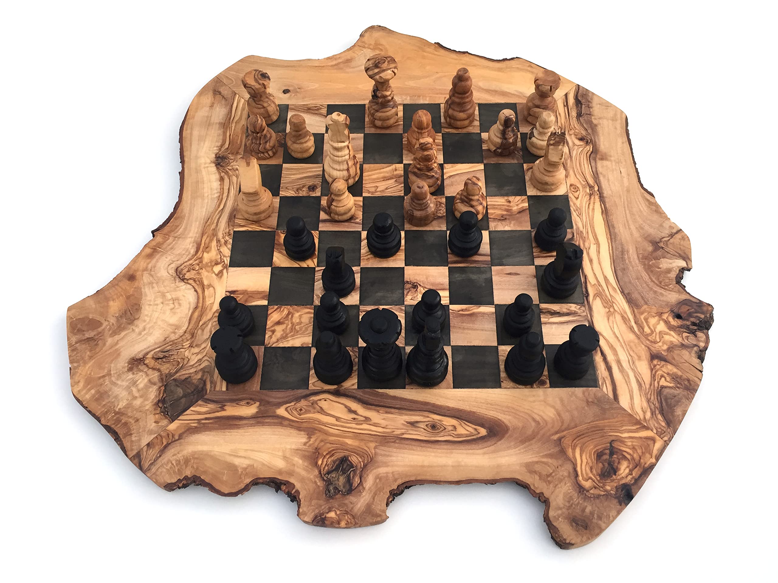 Generisch Jeu d'échecs rustique, échiquier taille XL incluant les pièces, en bois d'olivier, fait main - 2 joueurs, âge 12+