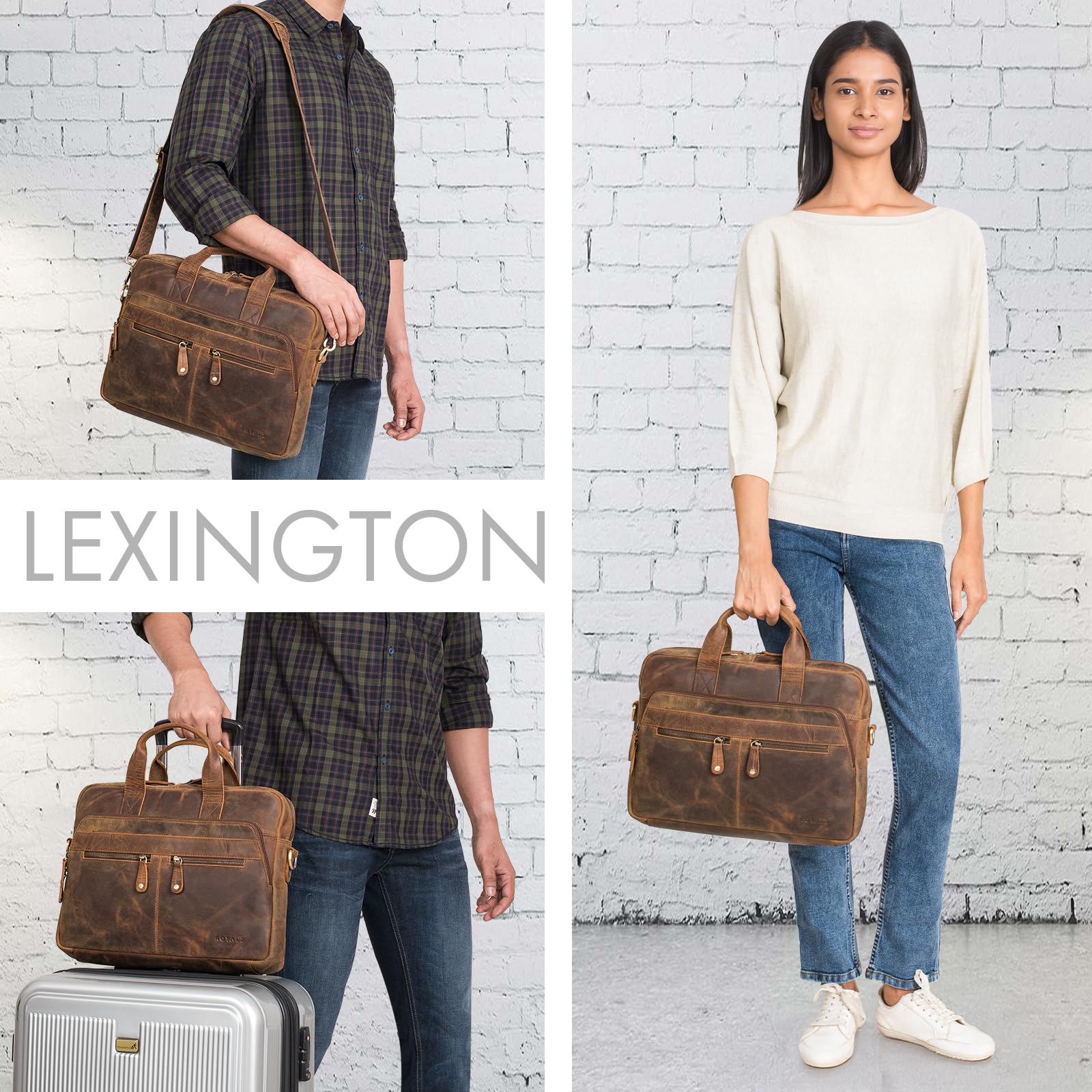 ROYALZ 'Lexington' borsa a tracolla moderna in vera pelle uomo donna medio-grande - borsa piatta in pelle per laptop 13-14,5 pollici da portare a tracolla