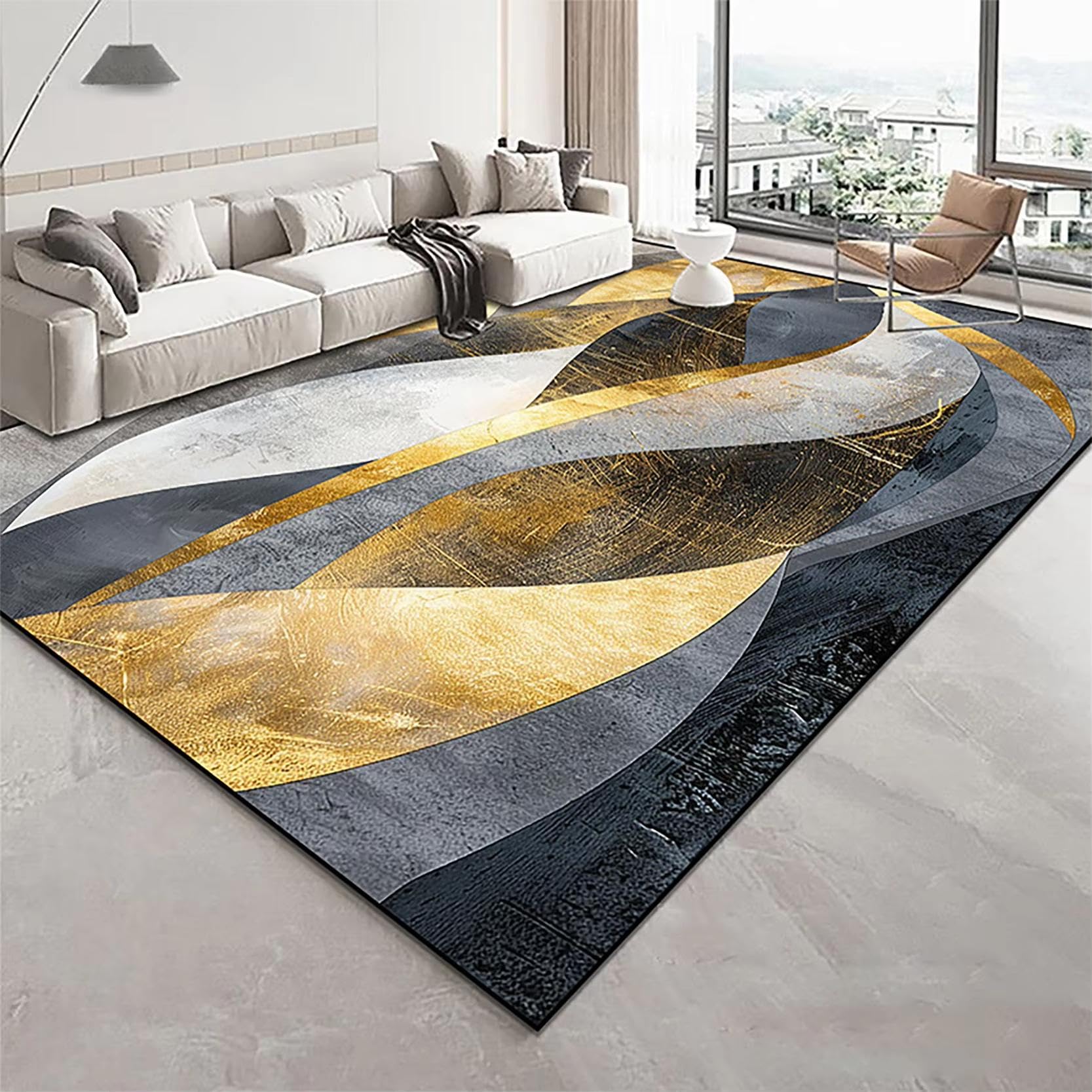 Alfombra moderna geométrica dorada ideal para renovar el salón frío con un tapete suave