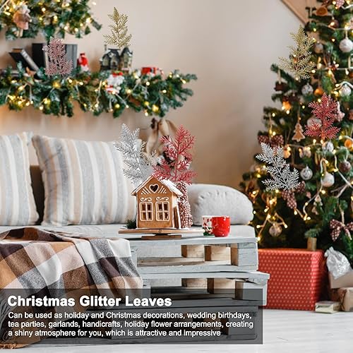 Miniatura 7 de DUDNJC - 10 piezas de hoja de helecho artificial con purpurina de Navidad, adorno de rama de árbol de imitación roja, colgante de corona de Navidad