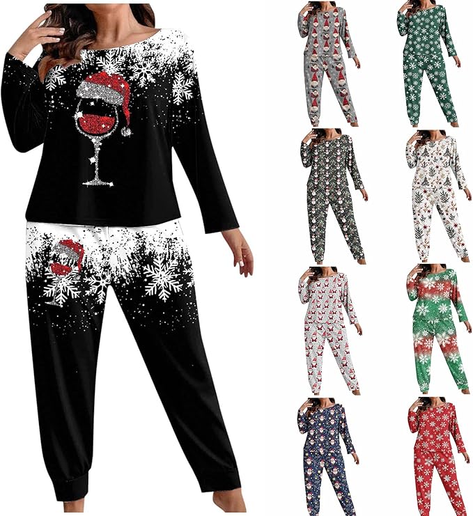 Christmas Pajamas for Women 2PC Plus Size Crewneck Long Sleeve Tops Pants Pajama Sets Loose Cozy Holiday Lounge Set