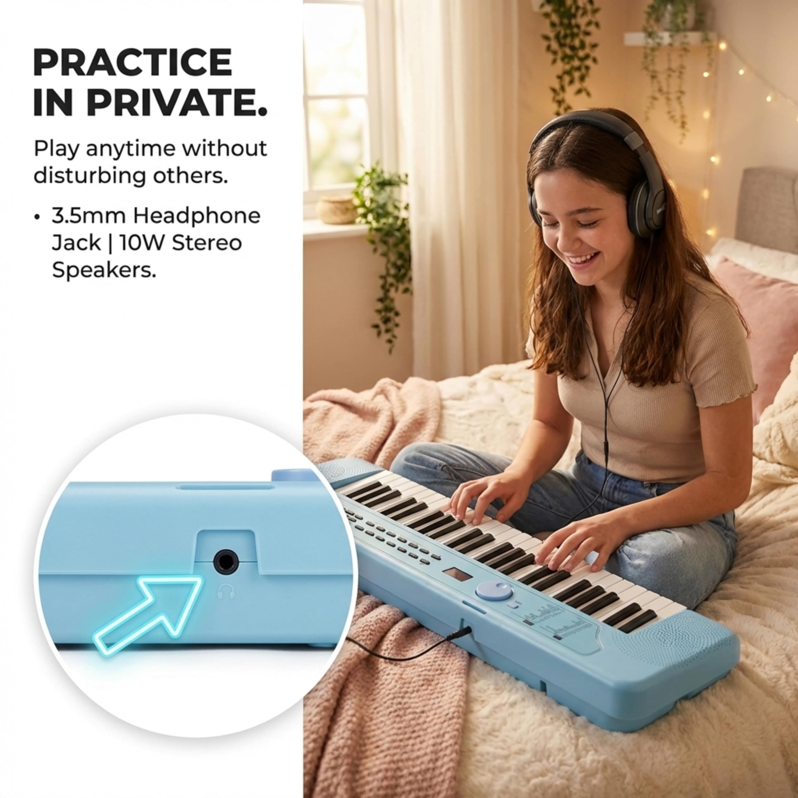 RockJam RJ490BB Mini Tastiera Pianoforte 49 Tasti, Sintetizzatore Elettronico Portatile Azzurro con USB-C, Altoparlanti, Jack Cuffie, 200 Suoni e Ritmi