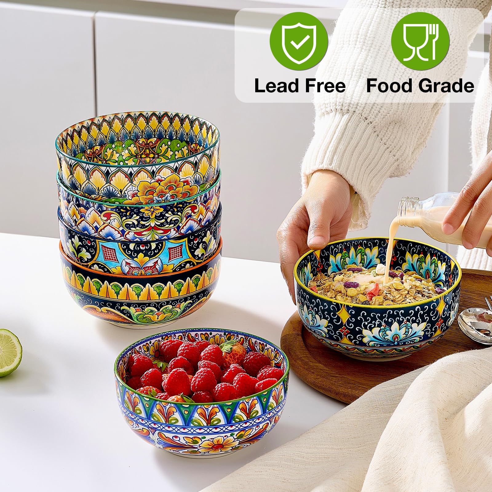 Meolibour Set di 6 ciotole in ceramica per cereali, 793,8 g, ciotole colorate per cucina, ciotole da dessert per insalata, pasta, farina d'avena, ramen, farina d'avena, frutta, lavastoviglie e forno a