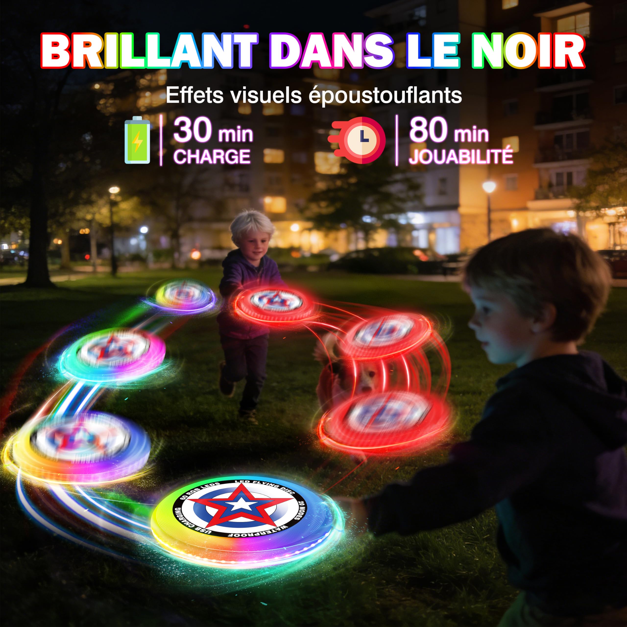 Frisbee Lumineux avec 20 Effets Lumineux, Imperméable, Capable de Flotter sur l'eau, Anneau Volant 60 LED, Jouet Jeux d'extérieur Cadeaupour Adultes Enfants, LED Frisbee pour Plage Pelouse Camping