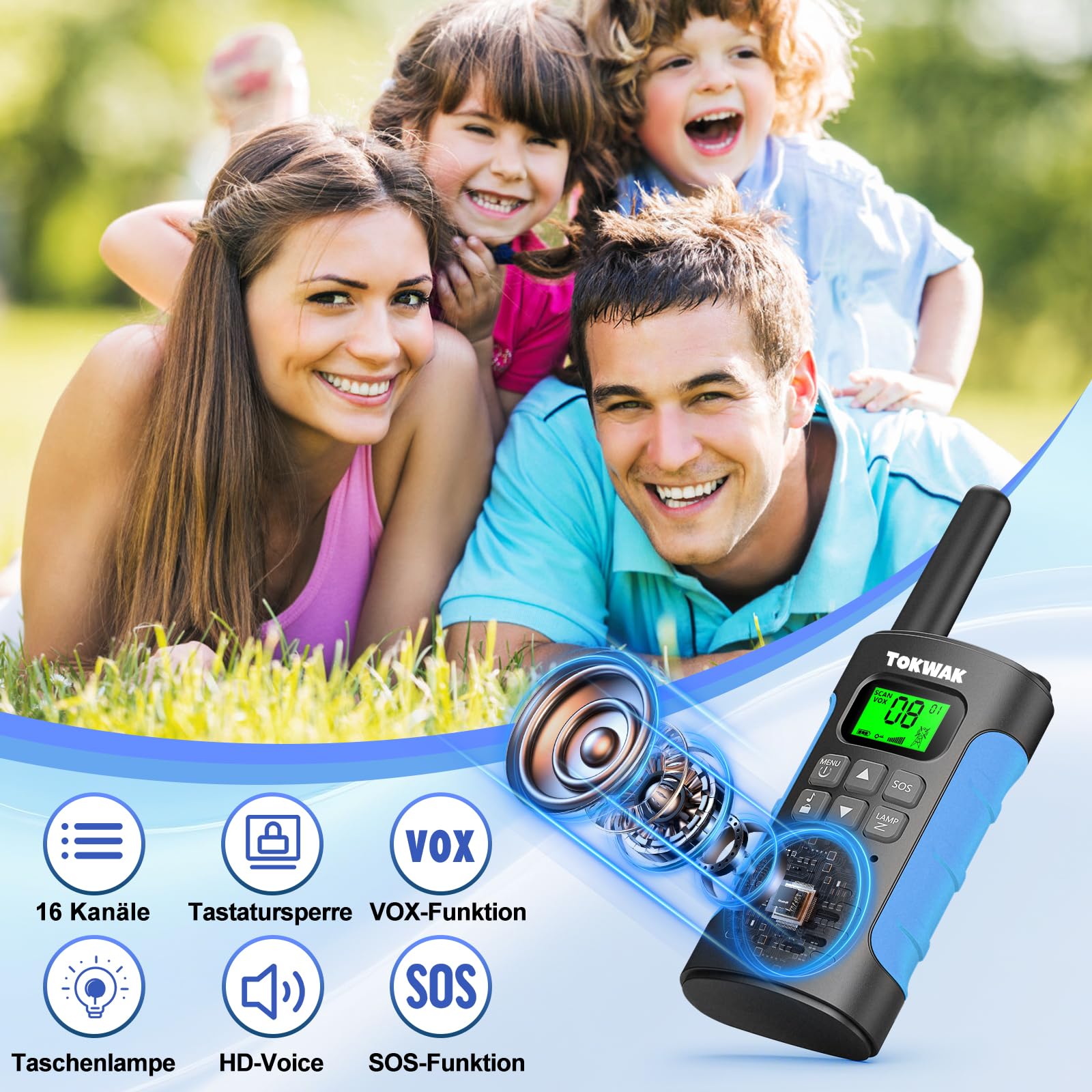 Walkie Talkies 4er Set, Walkie Talkie Aufladbar für Kinder Erwachsene, Große Reichweite Walki Talki mit Akku, Walky Talky VOX Taschenlampe für Camping, Freien, Wandern