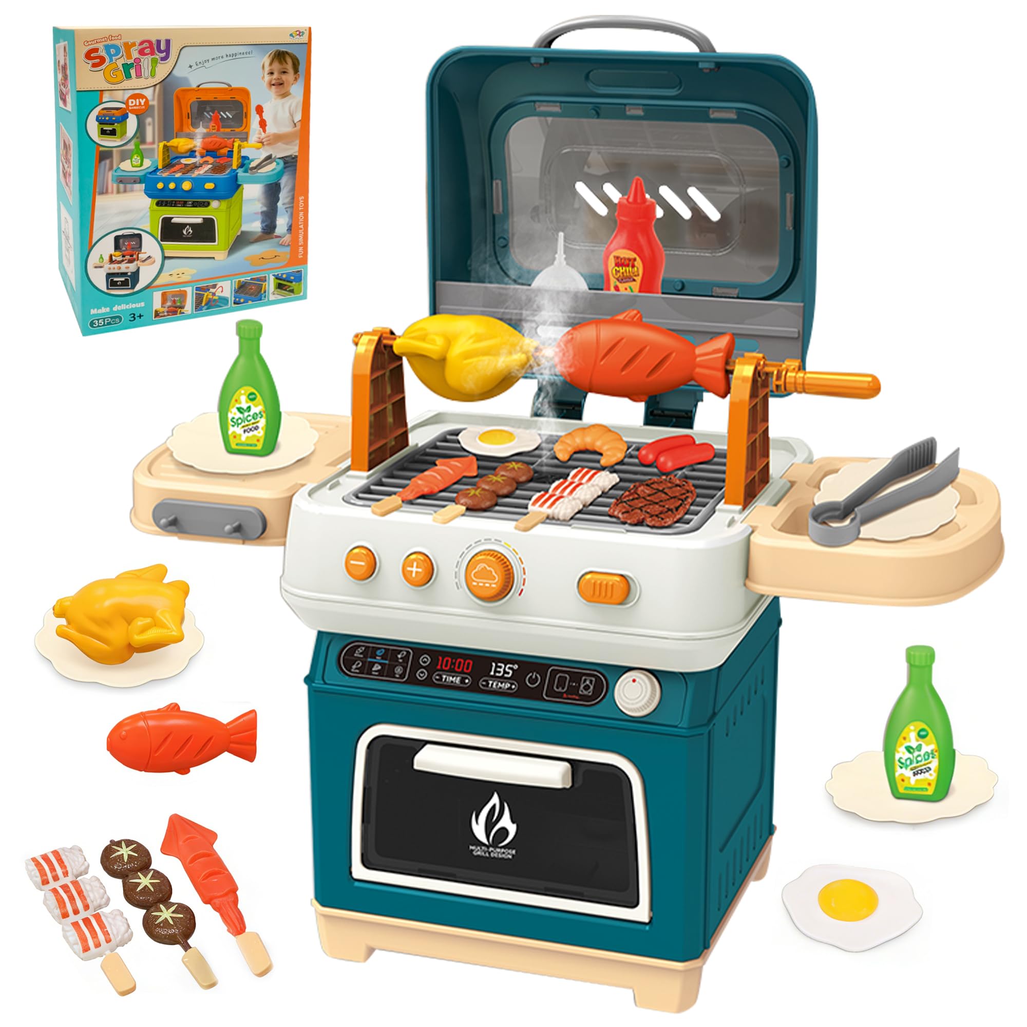CATCHLUCK Kids BBQ Grill Toys Set Play Kitchen Set for Kids Kitchen Grill Toys with Accessorie & Realistic Smoke/Sound/Light Play Toys for 3 4 5 Year Old Girls Boys Gifts (Green)