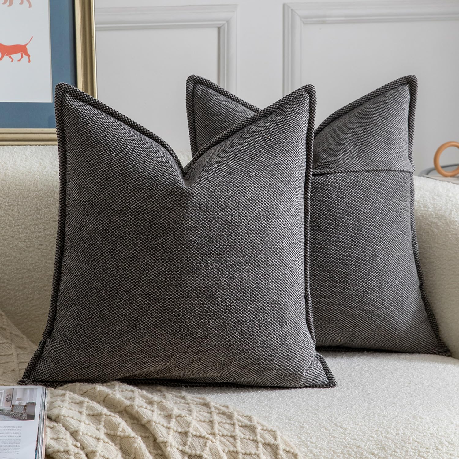 Madizz Decorative Chenille Black Grey Cushion Covers 55x55 cm Pack of 2 Throw Pillows for Couch Sofa Boho Accent Pillow Cases for Bed Cushion for Bedroom Living Room Modern Home Decor
