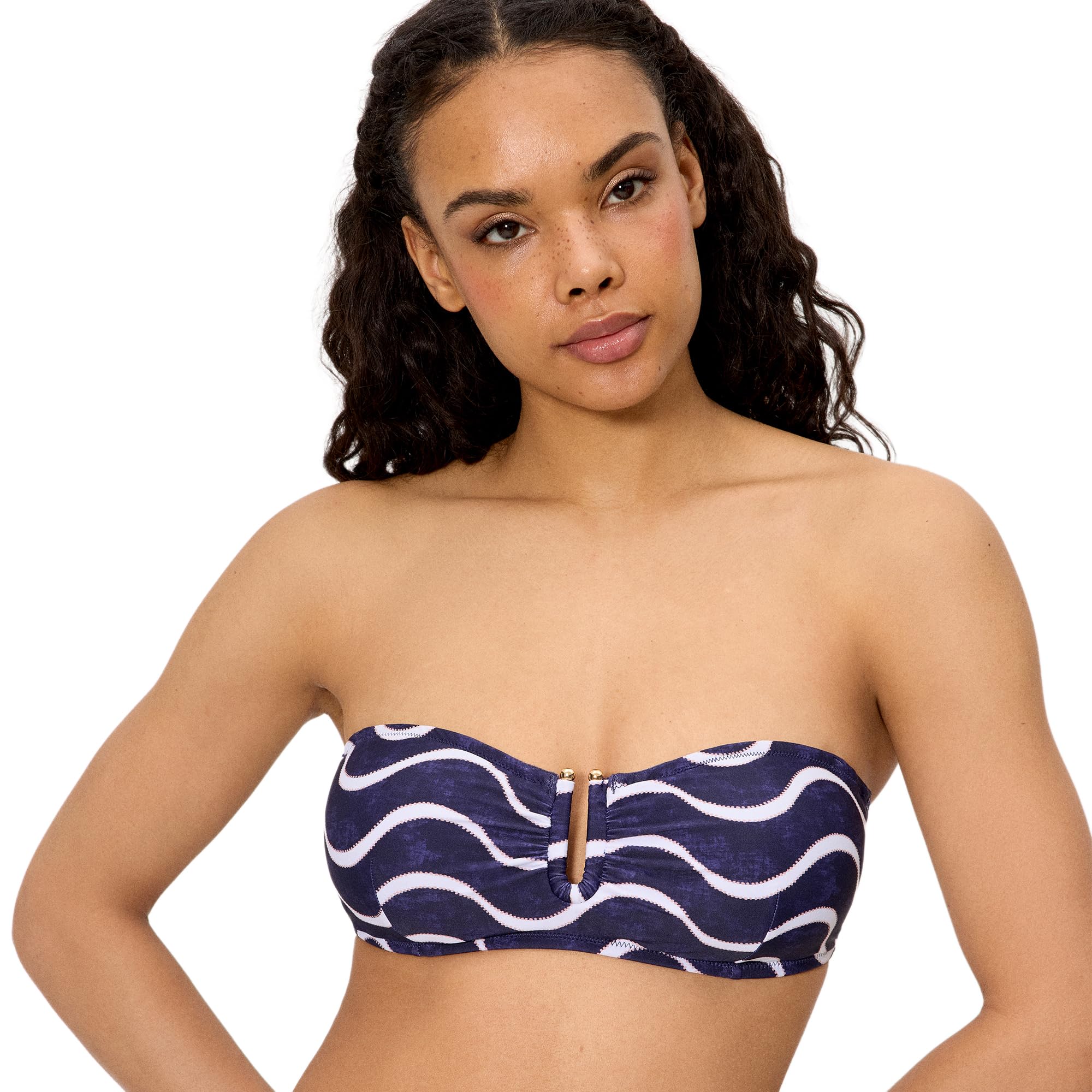 YSABEL MORA. Top Bikini Bandeau Estampado Ondas Marino Copa C. con Aro Y Relleno Extraíble para Sujeción Y Forma Definida. Colección Wave.