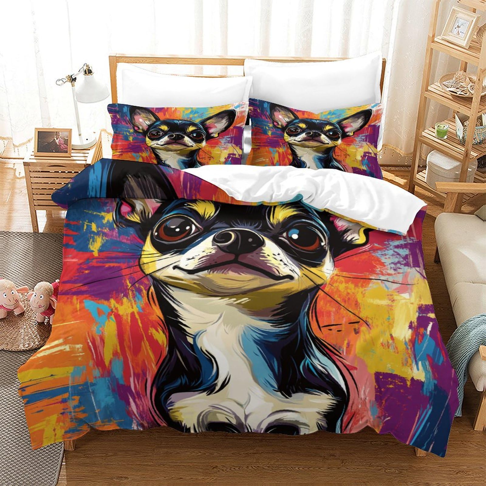 Housse de couette 140x200 Chihuahua linge de lit 3 pièces zip